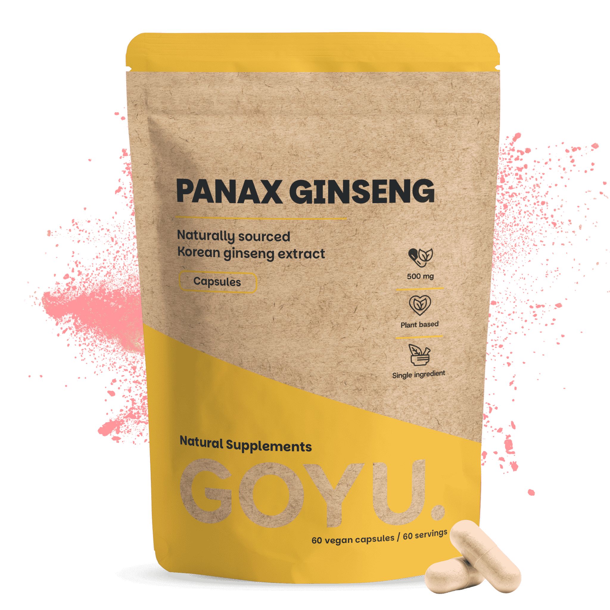 Braune Papiertüte mit Panax Ginseng Kapseln, 500 mg. Natürliche Nahrungsergänzungsmittel.