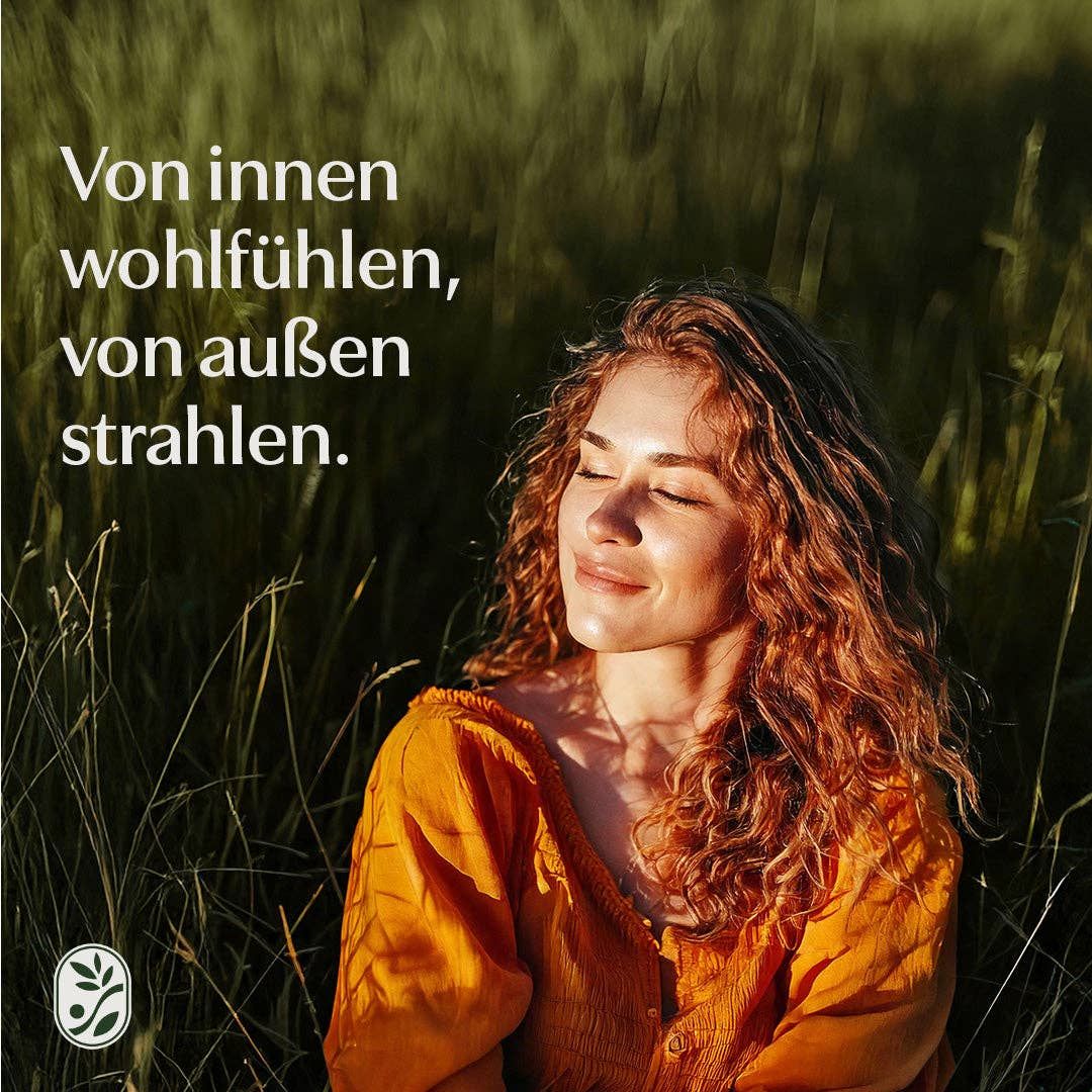 Frau mit geschlossenen Augen in Natur. Text: "Von innen wohlfühlen, von außen strahlen".