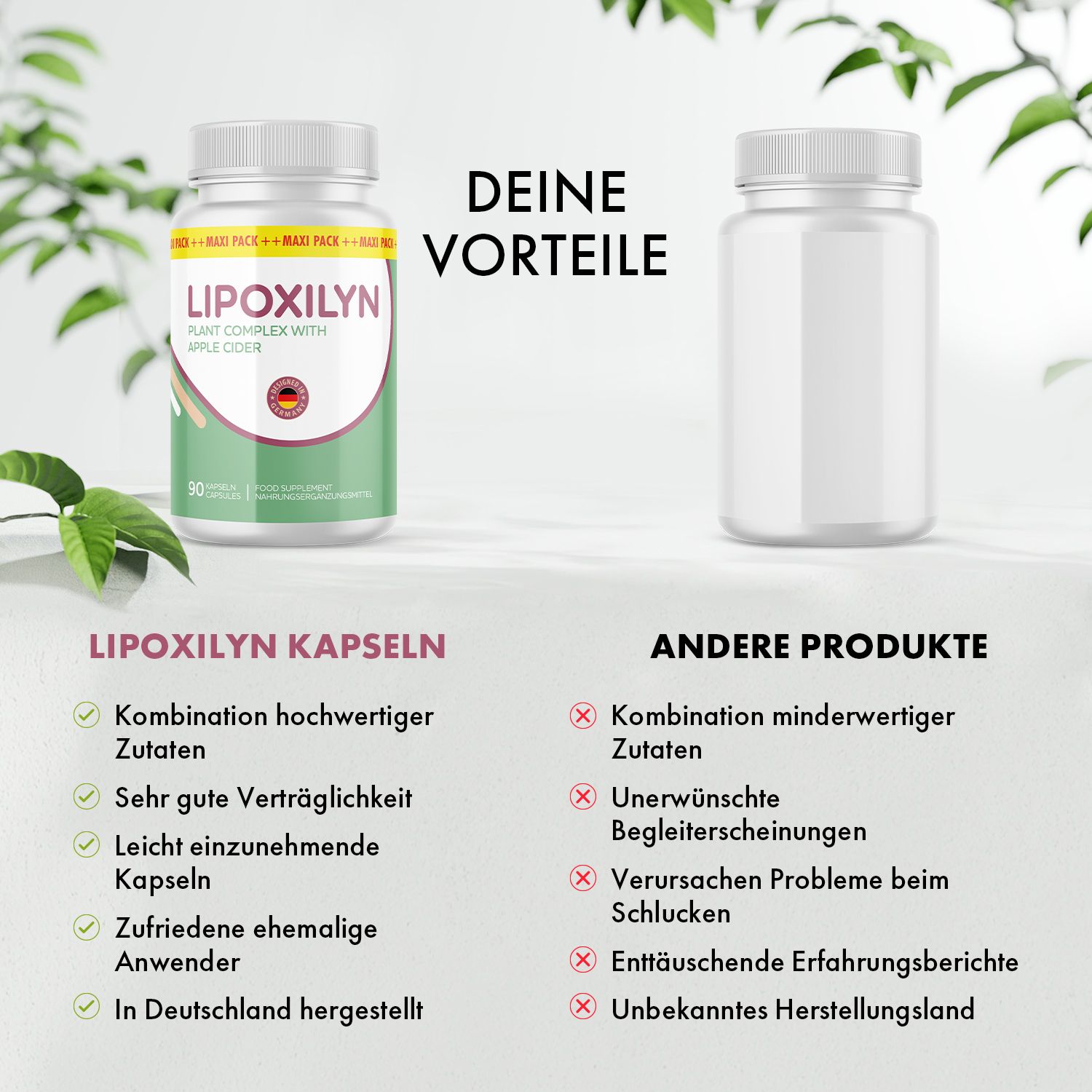 Zwei Flaschen, eine mit Beschriftung: LIPOXILYN, 90 Kapseln. Daneben eine leere Flasche. Text: Deine Vorteile, andere Produkte.