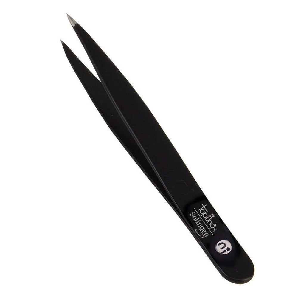 Schwarze, spitze Pinzette aus Edelstahl. Auf dem Griff ist "TopInox Solingen" und ein Logo abgebildet.