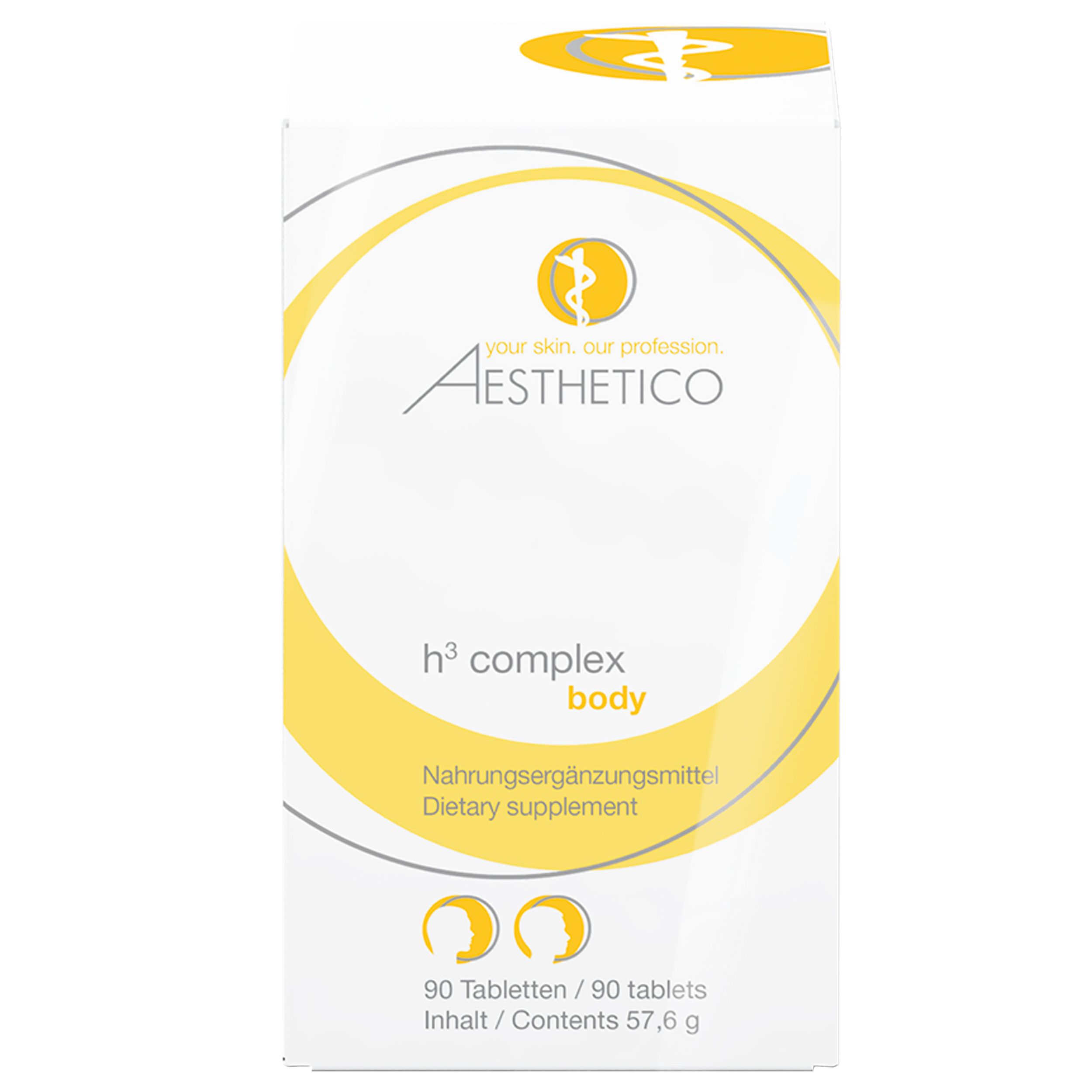 Weiße Schachtel mit Tabletten. Aufschrift: Aesthetico h³ complex body. Nahrungsergänzungsmittel. 90 Tabletten.