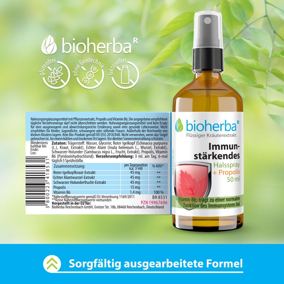 Braune Flasche mit Sprühkopf. Etikett mit Produktnamen und Inhaltsstoffen. Logos: glutenfrei, gentechnikfrei, laktosefrei.