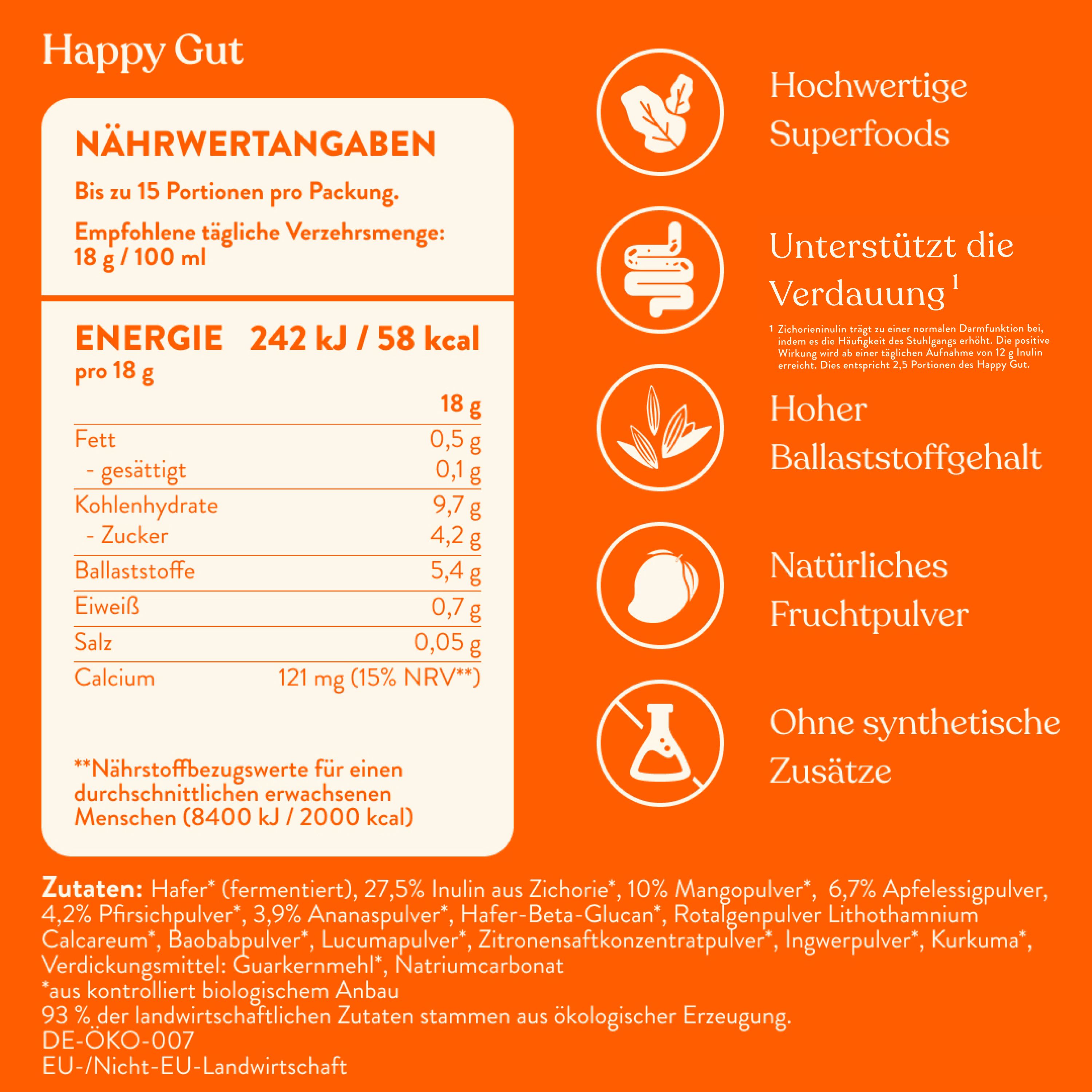 Nährwertangaben Happy Gut. Energie, Fett, Kohlenhydrate, Zucker, Ballaststoffe, Eiweiß, Salz, Calcium. Text: Hochwertige Superfoods, unterstützt Verdauung.