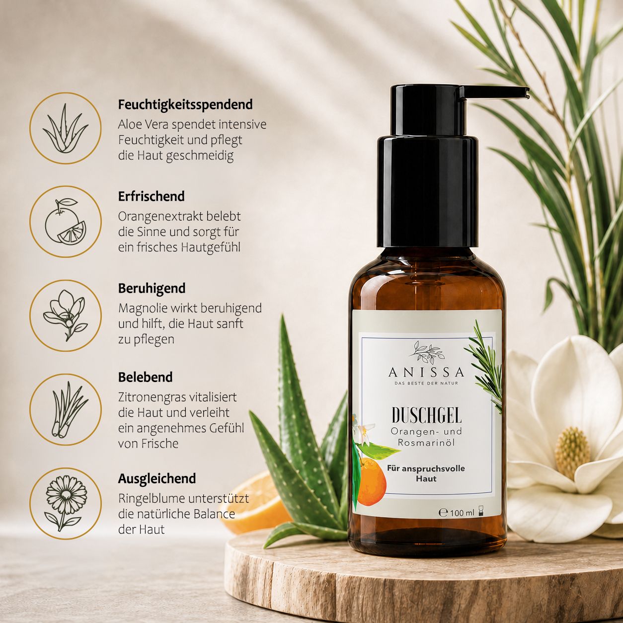 ANISSA Duschgel mit Orangen-Rosmarin-Duft. Mit Aloe Vera, Orangenextrakt, Magnolie, Zitronengras.