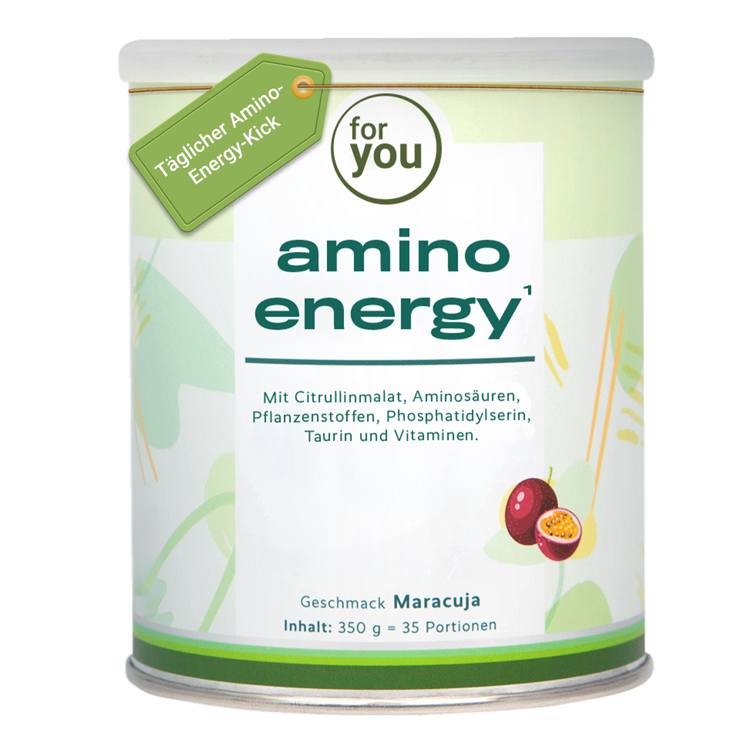 Dose Amino Energy, Geschmack Maracuja. Etikett mit "Täglicher Amino-Energy-Kick".