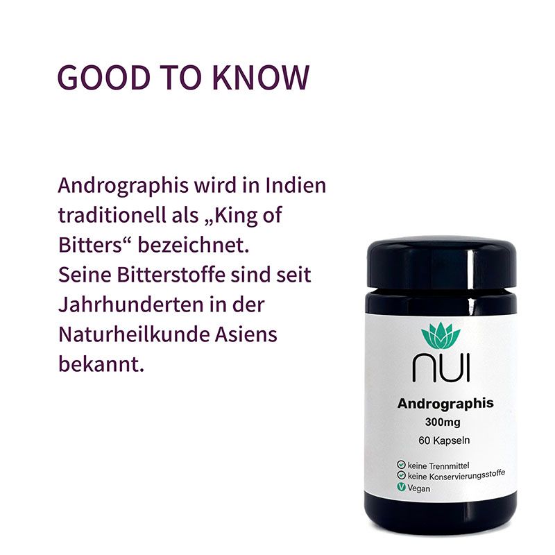 Schwarze Flasche mit weißem Etikett. Aufschrift: NUI Andrographis, 300mg, 60 Kapseln. Vegan. Text über die Verwendung in der Naturheilkunde.