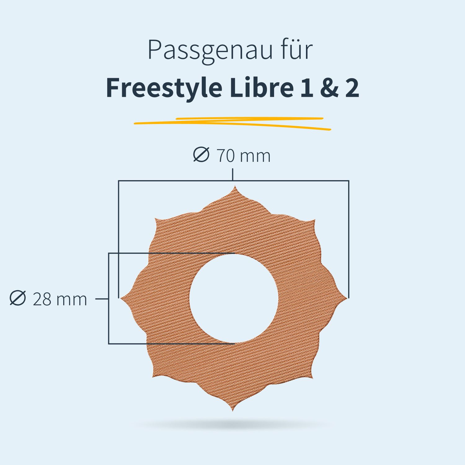 Braunes Pflaster mit zentralem Loch, für Freestyle Libre 1 & 2. Durchmesser 70 mm, Loch 28 mm. Passgenau.