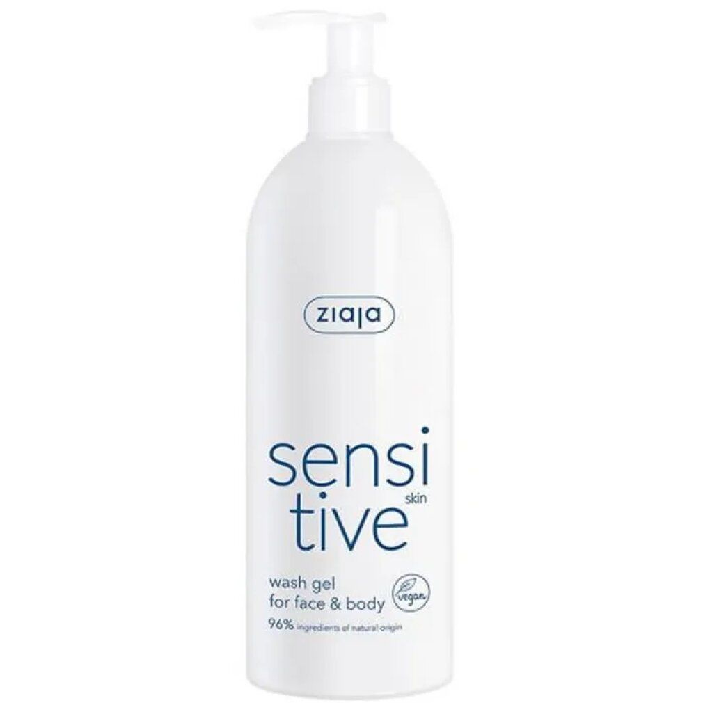 Weiße Flasche mit Dosierpumpe. Aufschrift: Ziaja, sensitive skin, wash gel for face & body, 96% ingredients of natural origin. Vegan-Siegel.