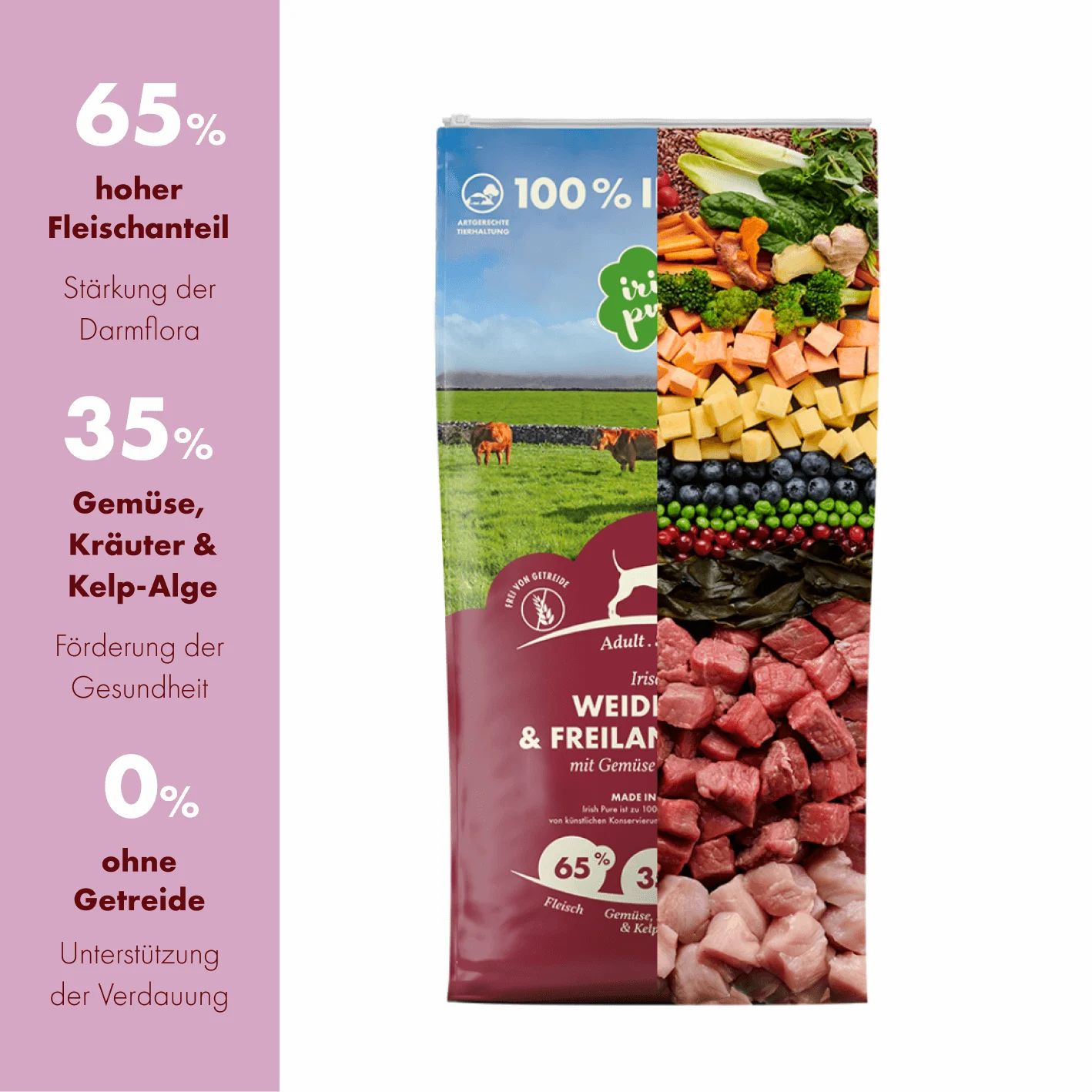 Irish Pure Hundefutter: 65% Fleisch, 35% Gemüse/Kräuter/Kelp-Alge, 0% Getreide. Fördert Darmflora, Gesundheit, Verdauung.