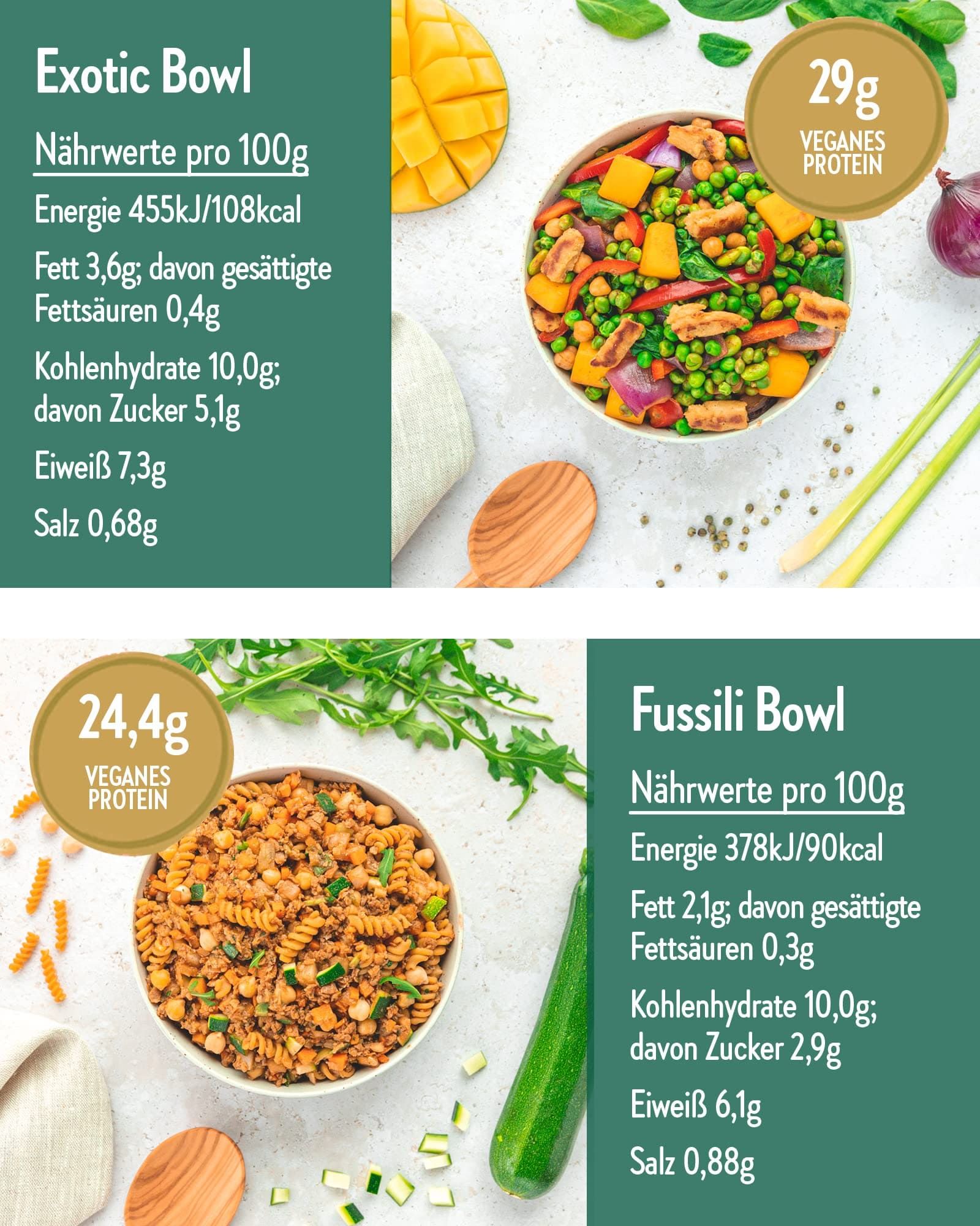 Zwei Tafeln mit Nährwertangaben und Abbildungen von veganen Gerichten. Text: Tikka Masala, 30g veganes Protein, Exotic Bowl, 29g veganes Protein.