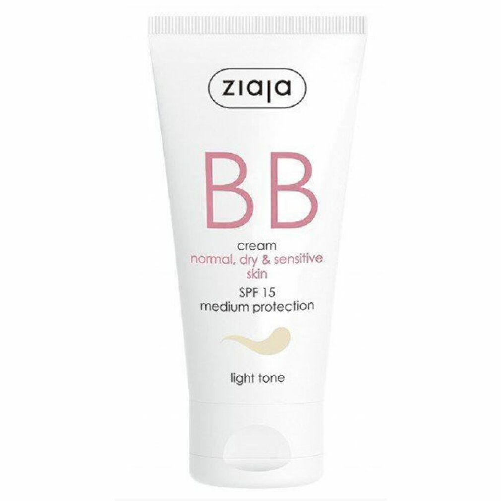 Weiße Tube mit rosa BB-Schriftzug, SPF 15 und Farbton-Angabe. Marke Ziaja oben. Für normale, trockene und empfindliche Haut.
