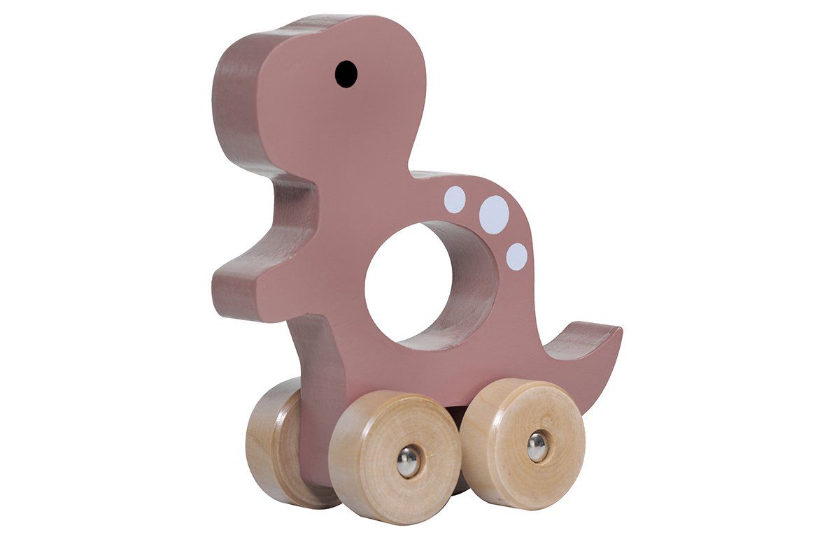Rosa lackierter Holz-T-Rex mit Rädern. Weiß gepunktet. Schwarzes Auge. Holzräder mit silbernen Schrauben.