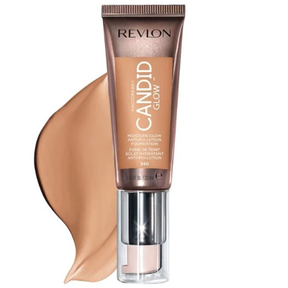 Revlon PhotoReady Candid Glow Foundation. Tube mit braunem Inhalt und Farbmuster. Produktname und Details.