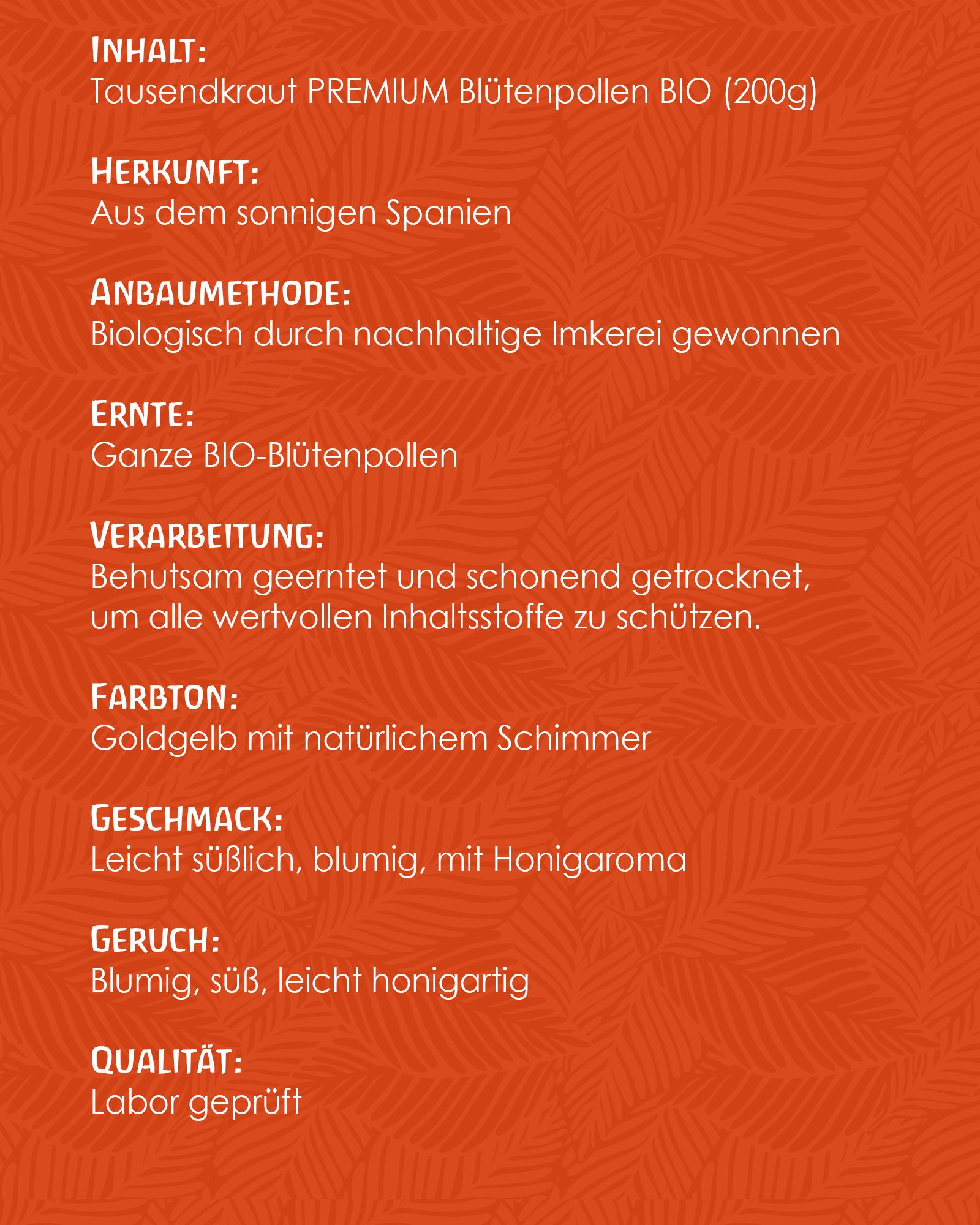 Text auf orangefarbenem Hintergrund. Informationen zu Inhalt, Herkunft, Anbaumethode, Ernte, Verarbeitung, Farbtone, Geschmack, Geruch und Qualität.