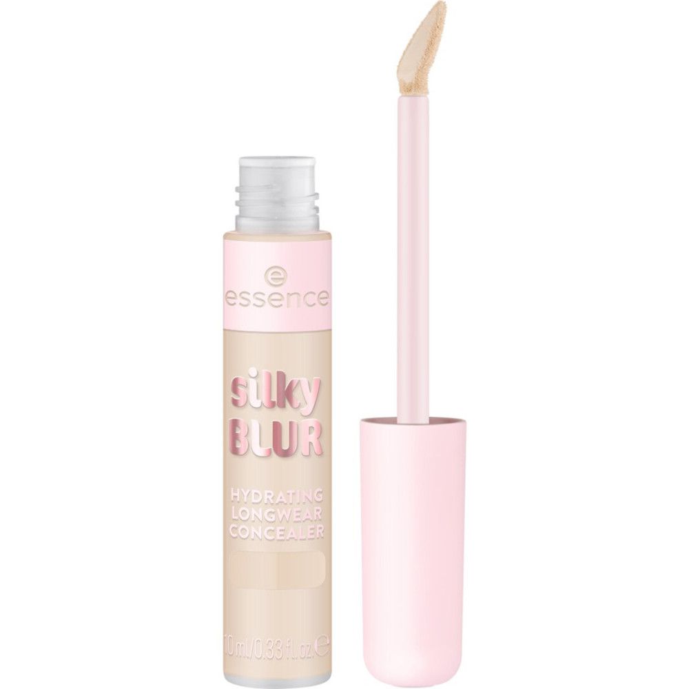 Concealer-Tube mit geöffnetem Deckel und Applikator. Aufschrift: Silky Blur, Hydrating Longwear Concealer. Marke: Essence.
