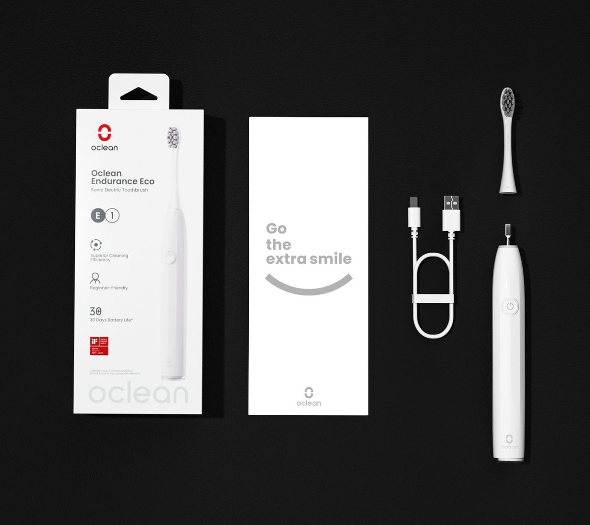 Weiße elektrische Zahnbürste mit Zubehör: Bürstenkopf, Ladekabel. Verpackung mit Produktname und Logo.