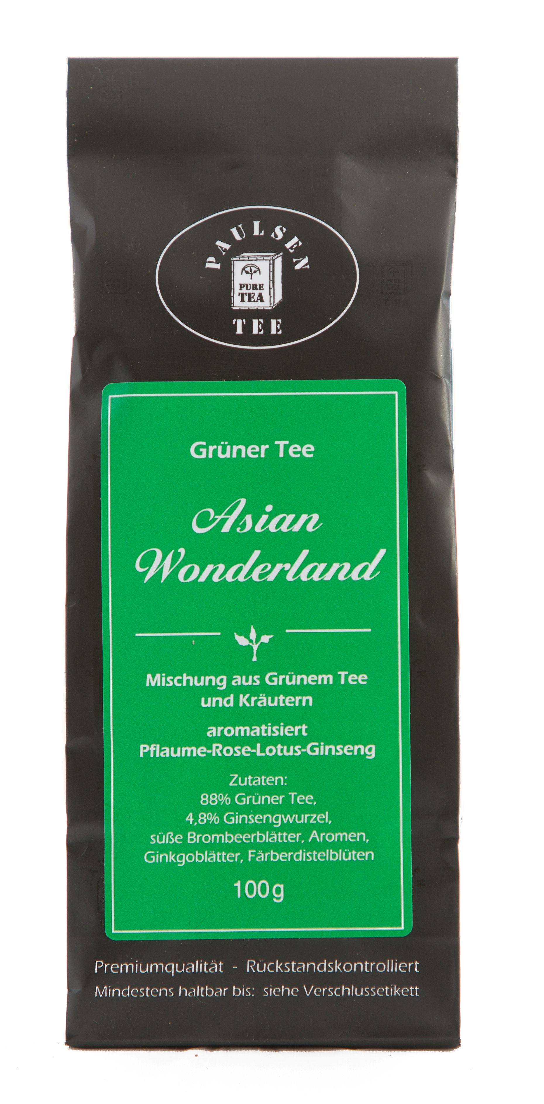 Schwarze Verpackung mit grünem Etikett. Aufschrift: Paulsen Tee, Grüner Tee Asian Wonderland. Zutatenliste und 100g.