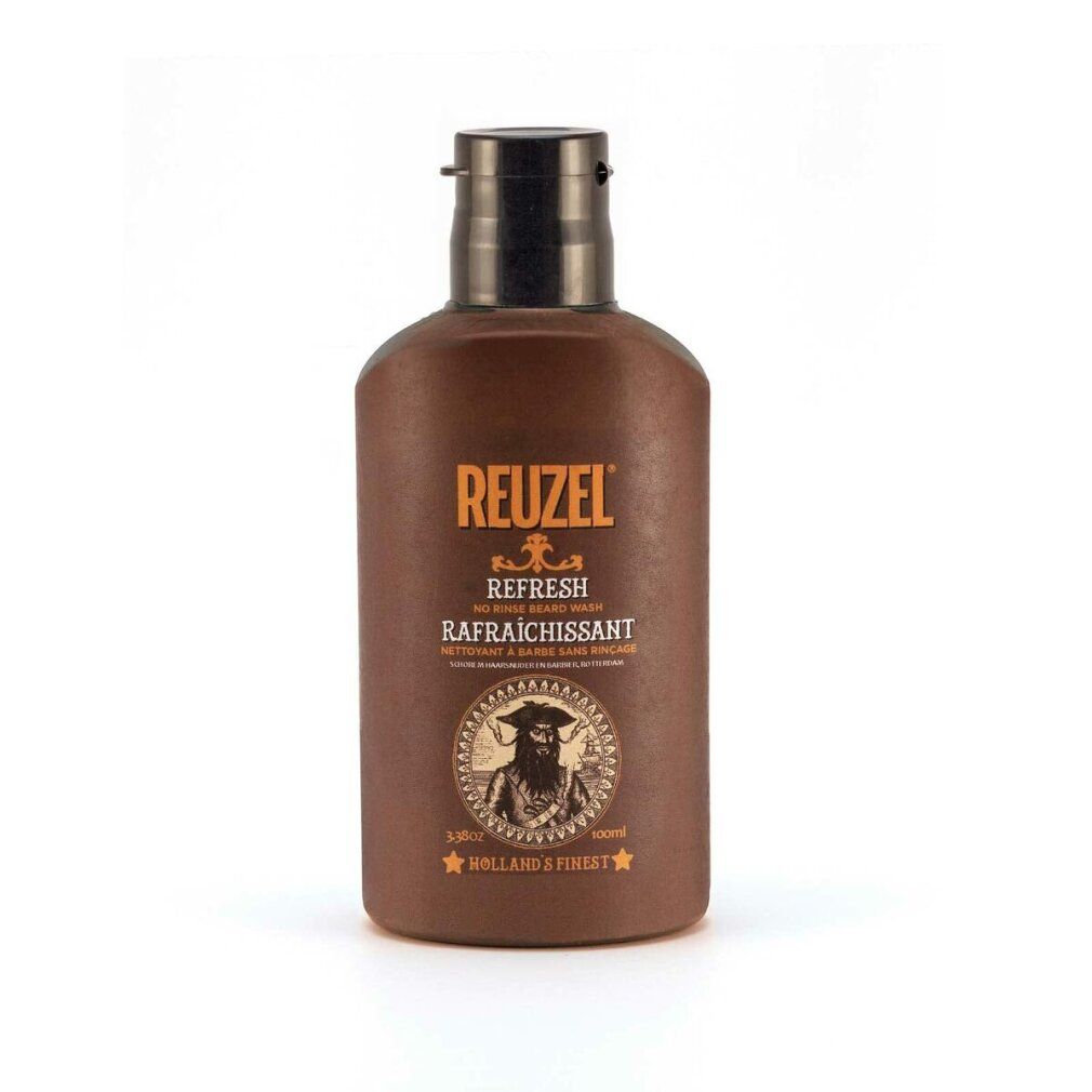 Reuzel Refresh No Rinse Bartwaschflasche, braun, mit schwarzem Verschluss.