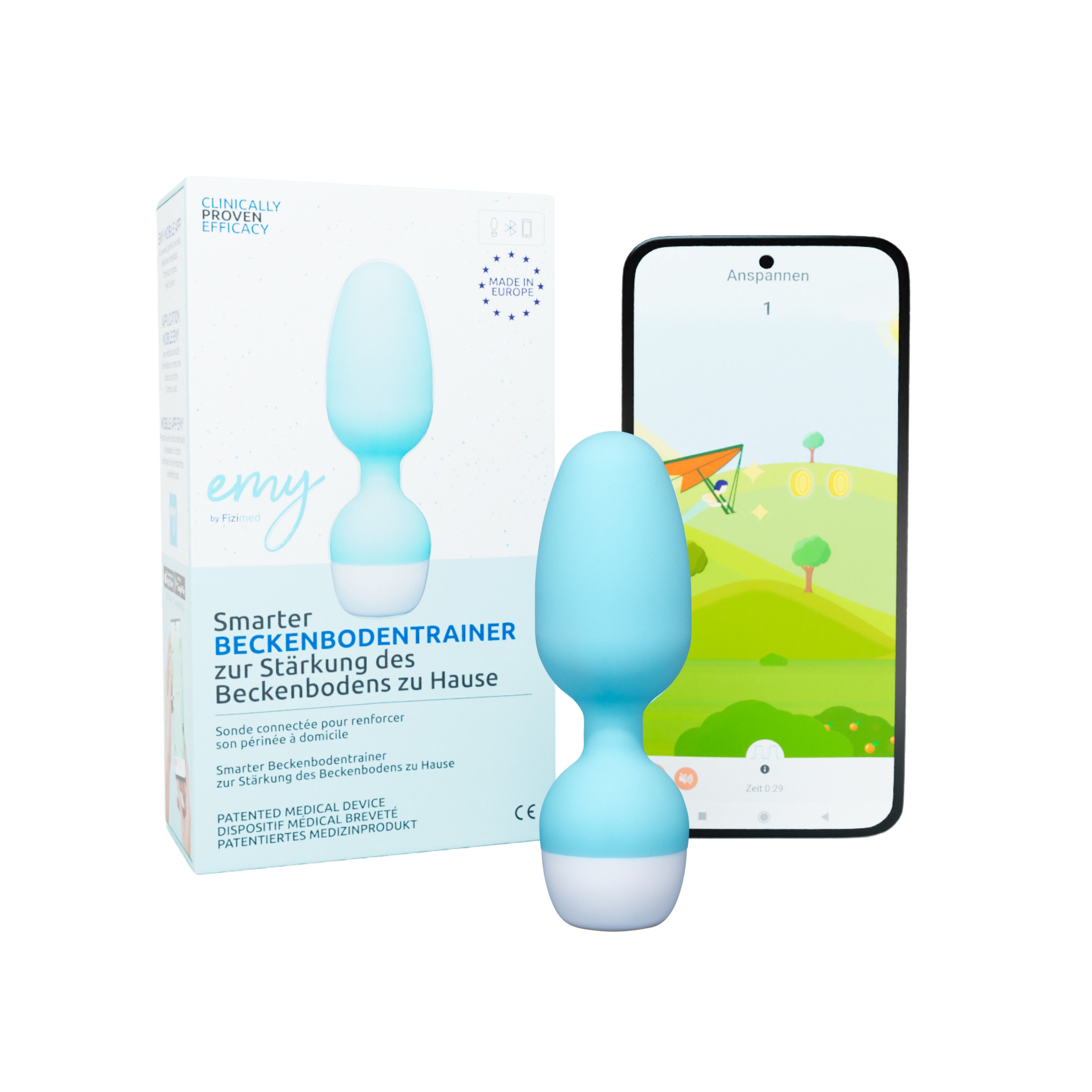 Blau-weißer Beckenbodentrainer, Verpackung mit Produktabbildung und Text. Smartphone mit App-Anzeige.