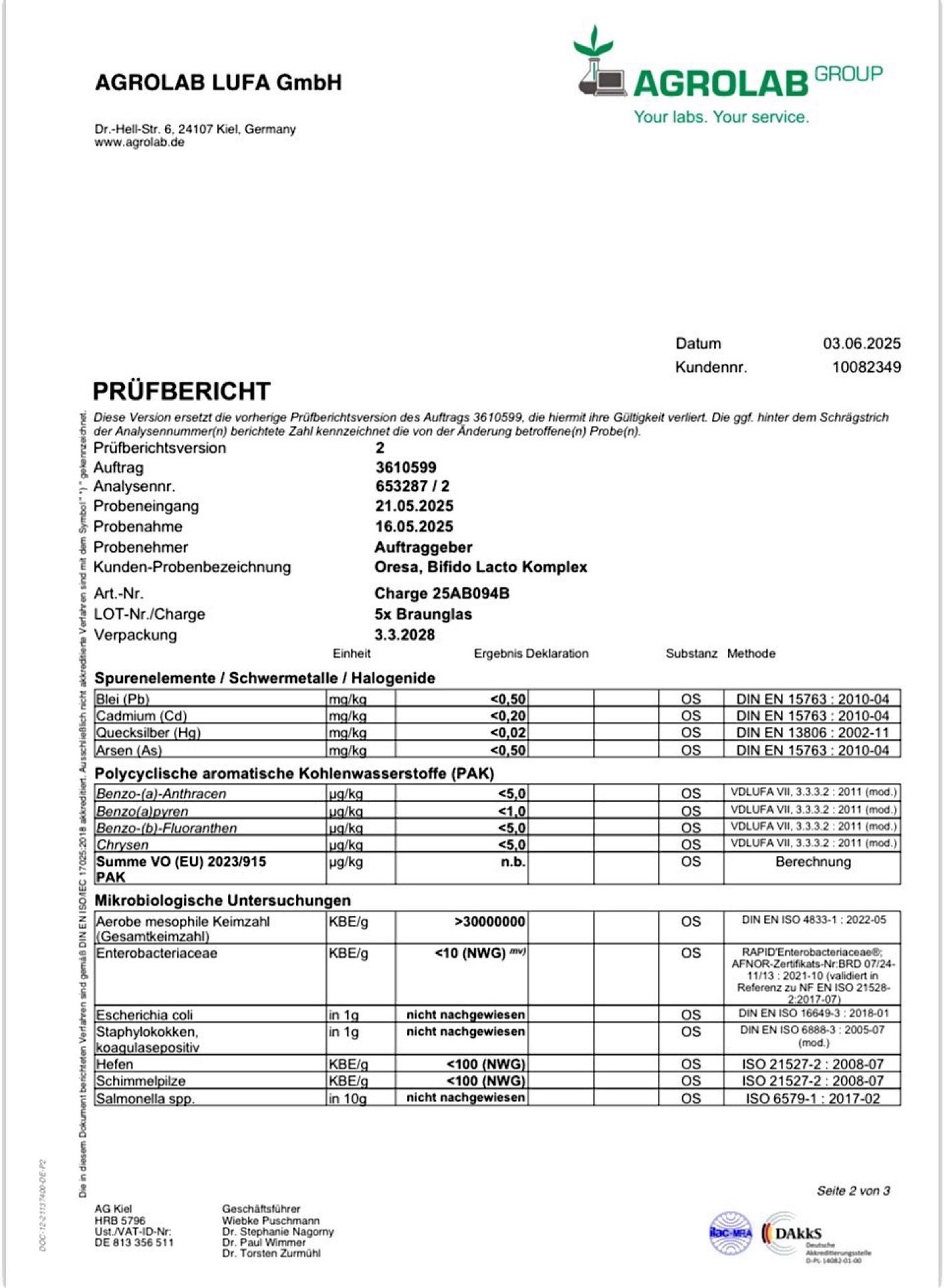 Prüfbericht von Agrolab LUFA GmbH. Oresa, Bifido Lacto Komplex. Charge 25AB94B. Analyseergebnisse.
