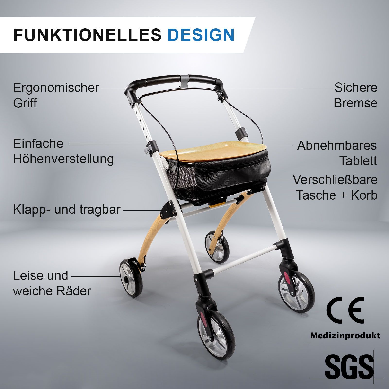 Casa Rollator schmal für Wohnung & Innenbereich Eiche