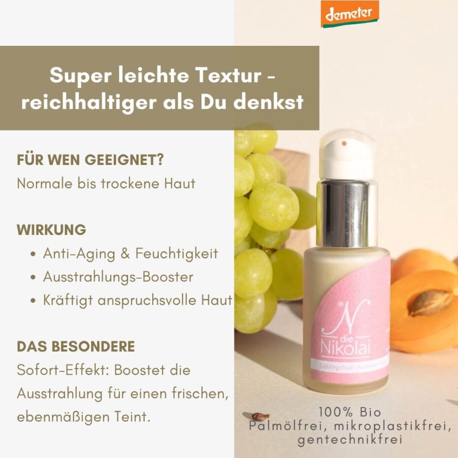 Beige Flasche mit Pumpe, rosa Etikett mit Schriftzug. Daneben Trauben und Aprikose. Demeter-Logo.