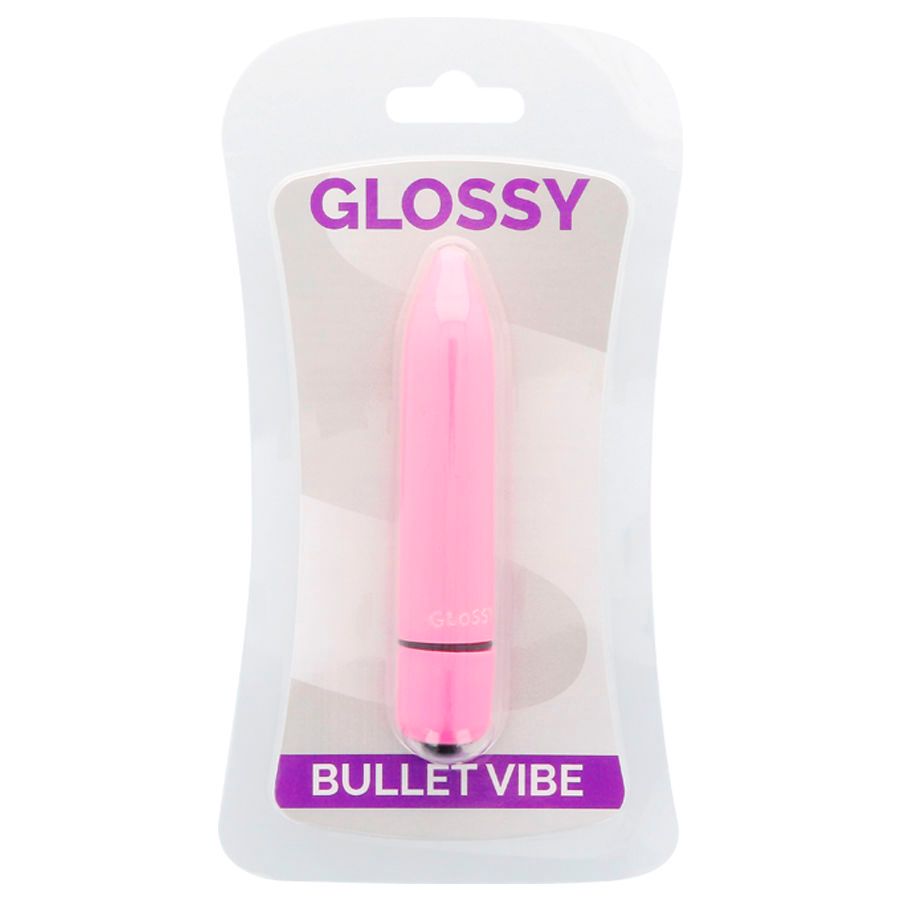 Rosa Minivibrator in Blisterverpackung. Produktname 'GLOSSY' und 'BULLET VIBE' auf der Verpackung.