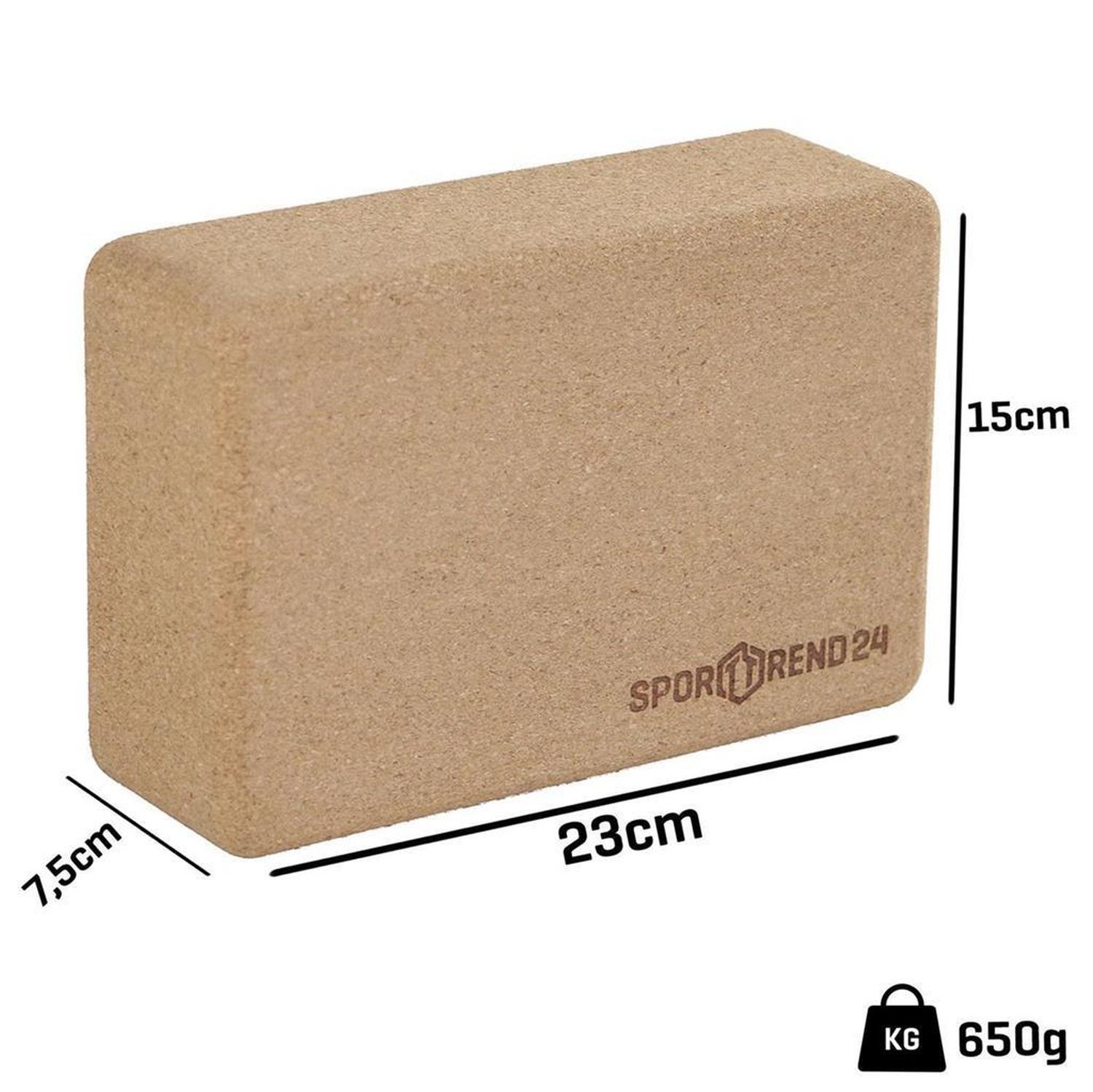 Rechteckiger Yoga-Block aus Kork. Maße: 23x15x7,5 cm. Gewicht: 650g. Logo Sporttrend24.