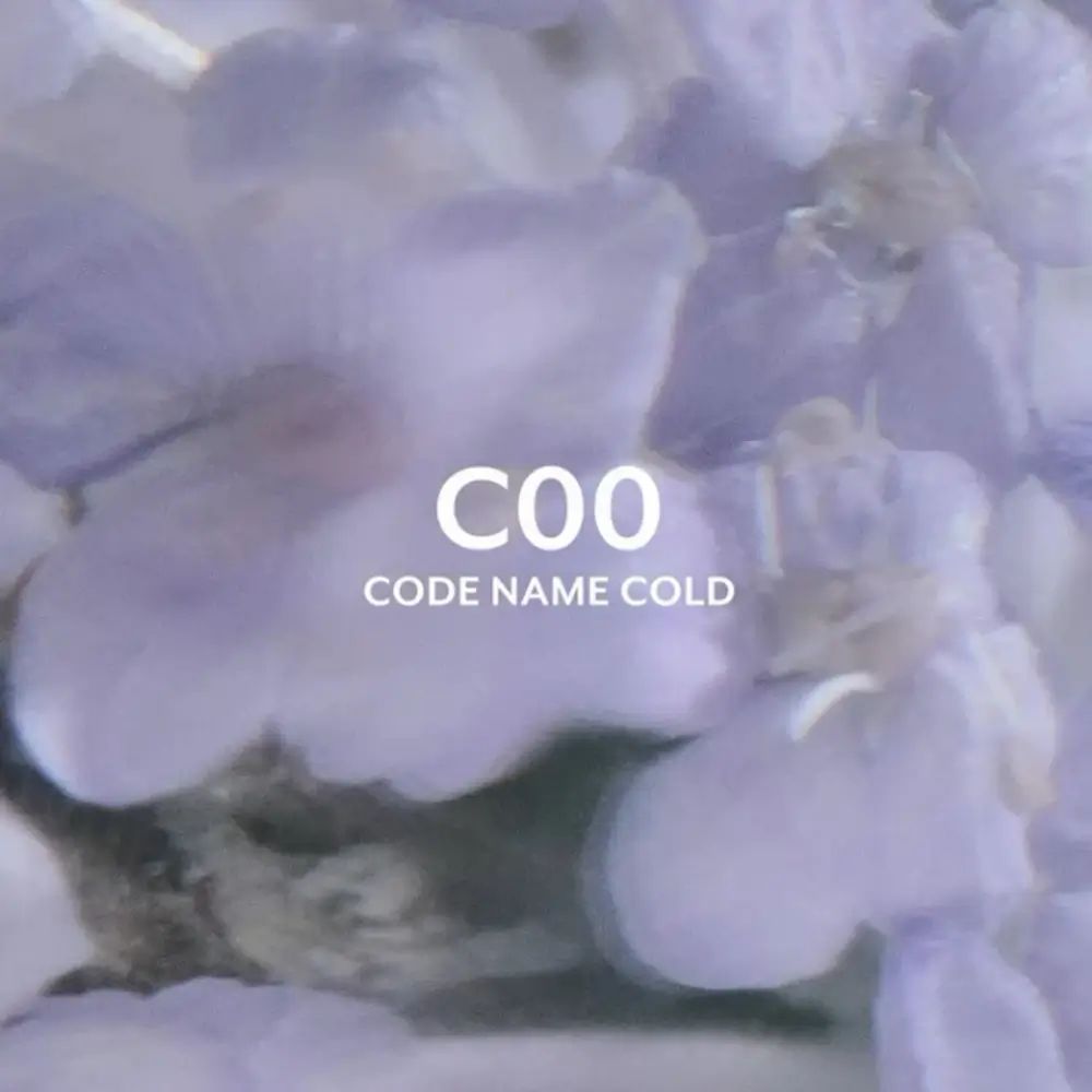 Text: C00 Code Name Cold. Auf verschwommenem, lilafarbenem Hintergrund mit Blüten.