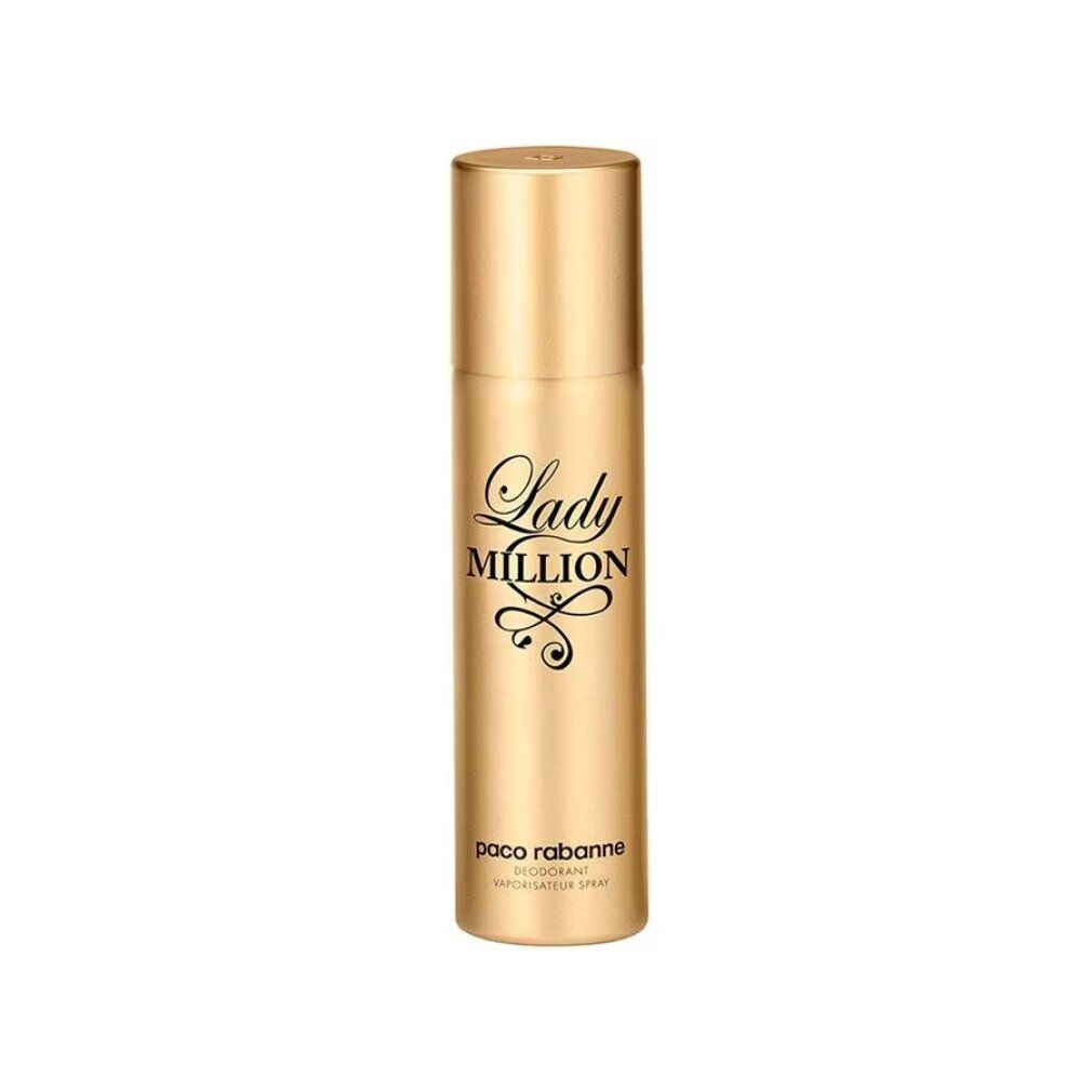 Goldfarbene Deodorant-Spray-Flasche. Aufschrift: Lady Million, Paco Rabanne. Zylindrische Form.