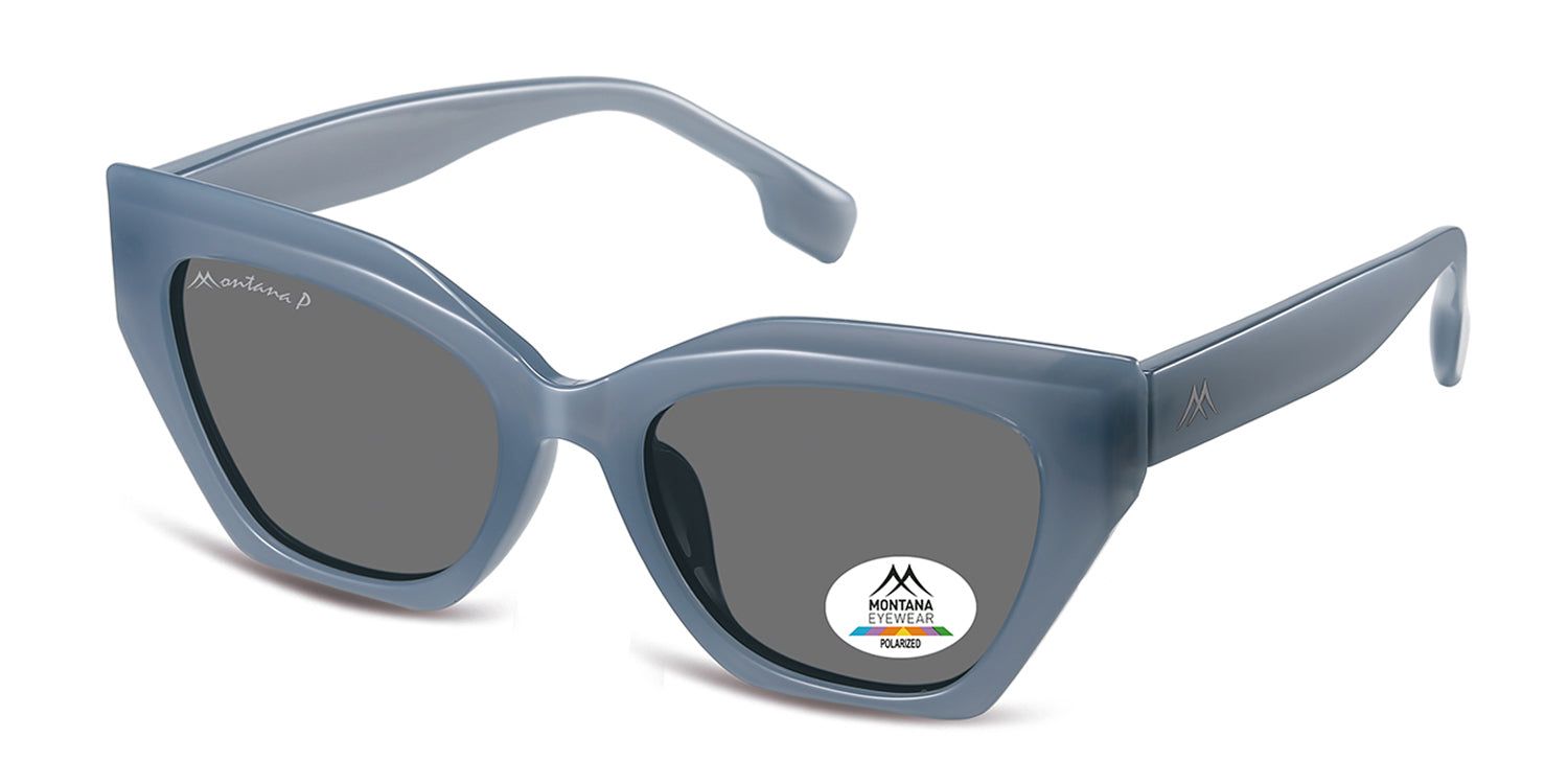 Blaue Sonnenbrille mit dunklen Gläsern. Montana Eyewear Logo auf dem Glas. Poliertes Glas. Kat-Eye-Form. Perspektivische Ansicht.