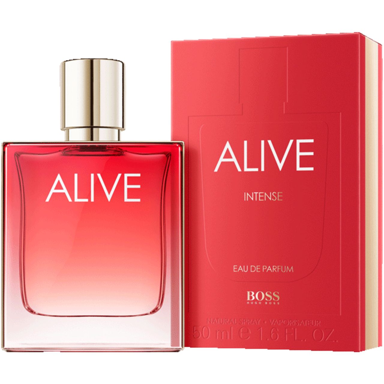 Roter Flakon mit goldfarbenem Verschluss und roter Verpackung. Aufschrift: ALIVE, Intense, Boss.