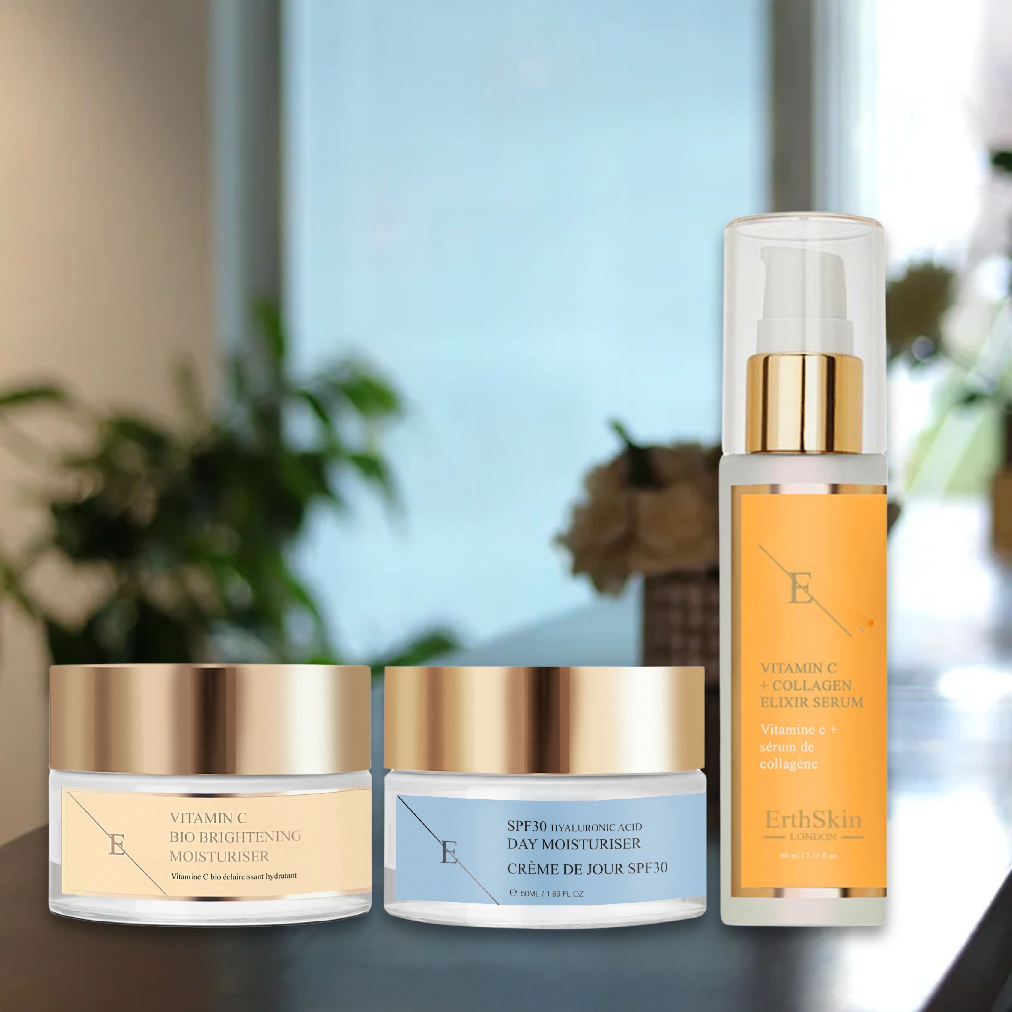ErthSkin London VITAMIN C ELIXIER SERUM + Vitamin C Bio Brightening Moisturizer + SPF Tagescreme set