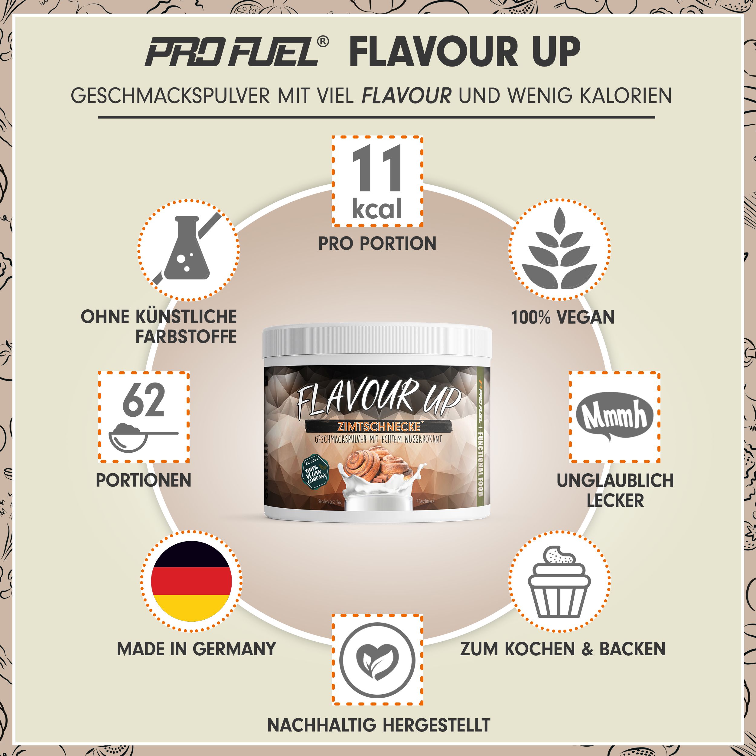 Produktglas FLAVOUR UP Zimtschnecke, umgeben von Icons: 11 kcal, 100% vegan, 62 Portionen, Made in Germany, zum Kochen & Backen, nachhaltig hergestellt.