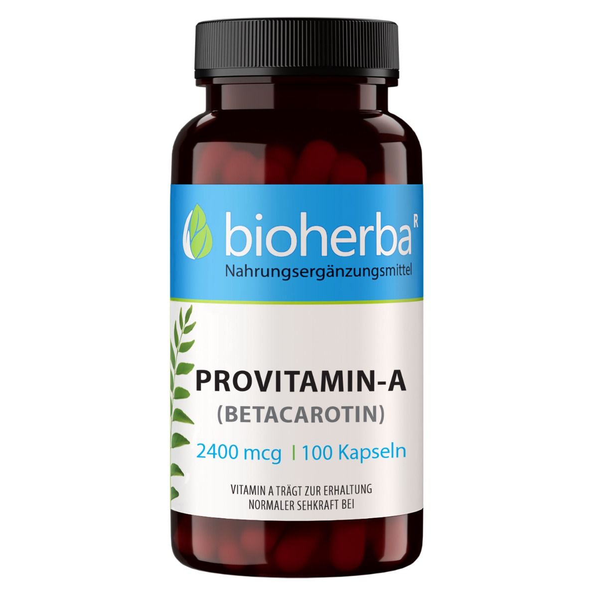 Braune Glasflasche mit schwarzen Kapseln. Aufschrift: Provitamin-A (Betacarotin), 2400 mcg, 100 Kapseln. Herstellerlogo und Produktname.
