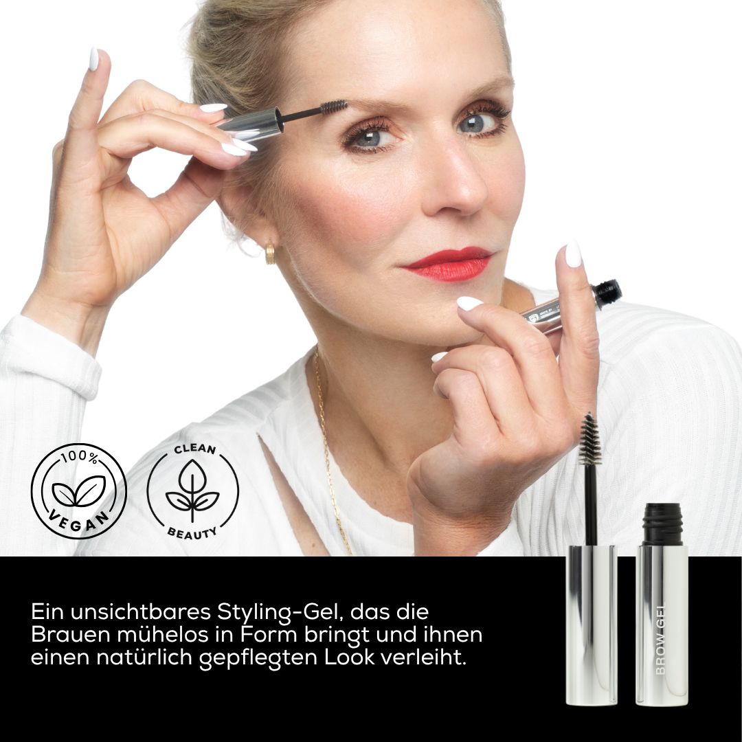 Frau trägt Augenbrauengel auf. Produkt und Verpackung sichtbar. Logo "100% VEGAN" und "CLEAN BEAUTY".