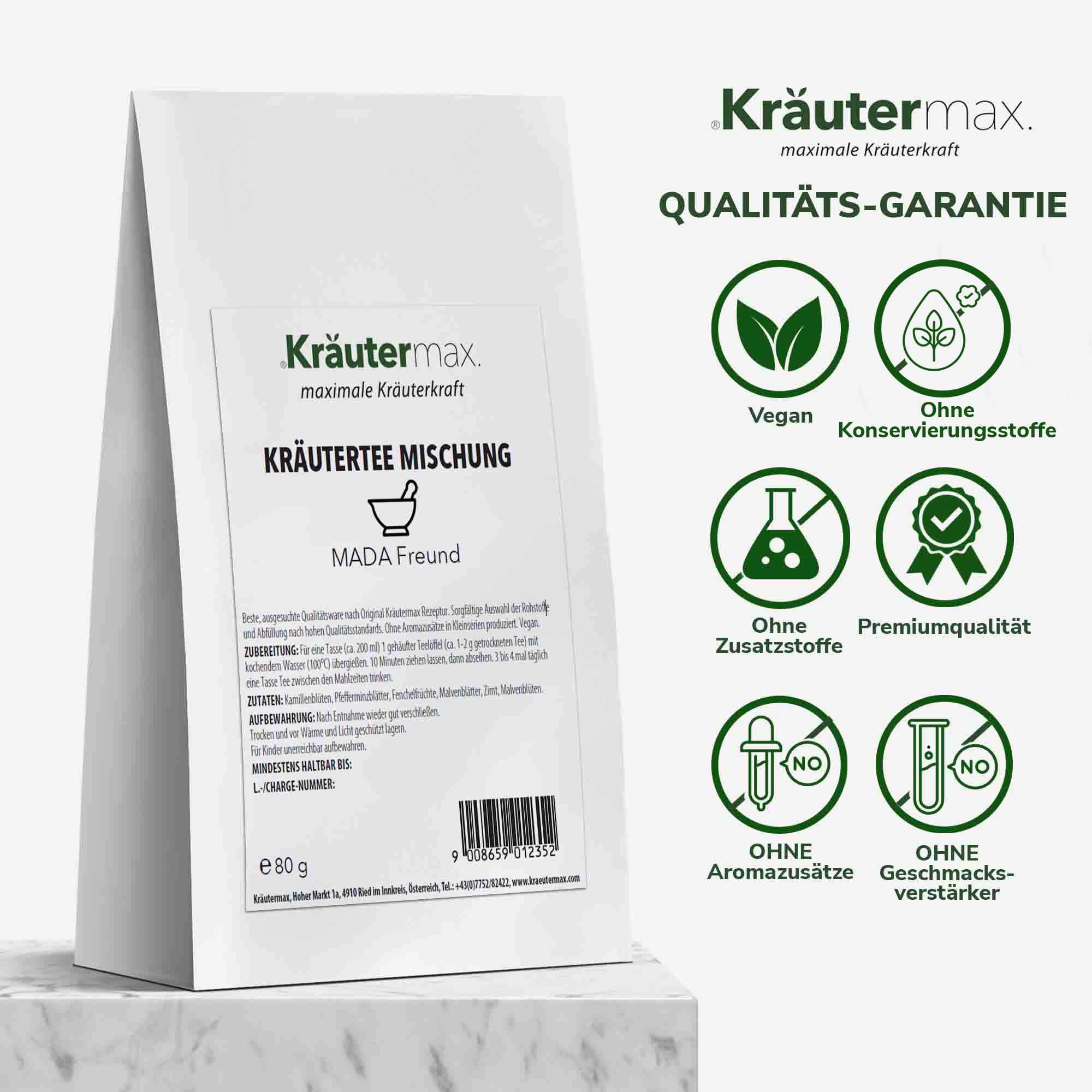 Kräutermax Kräutertee Mischung in weißer Verpackung. Qualitätsgarantie-Siegel: Vegan, ohne Konservierungsstoffe, ohne Zusatzstoffe, Premiumqualität.
