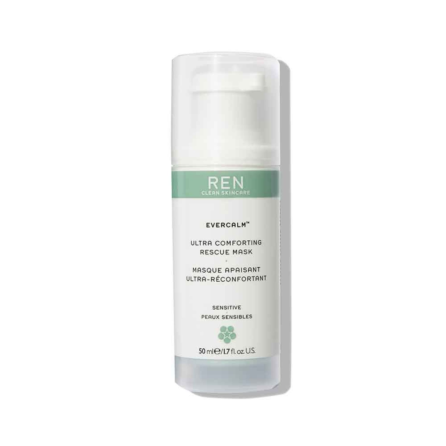 Weißer Spender mit grünem Etikett. Text: REN, Evercalm, Ultra Comforting Rescue Mask. Für empfindliche Haut. 50 ml.