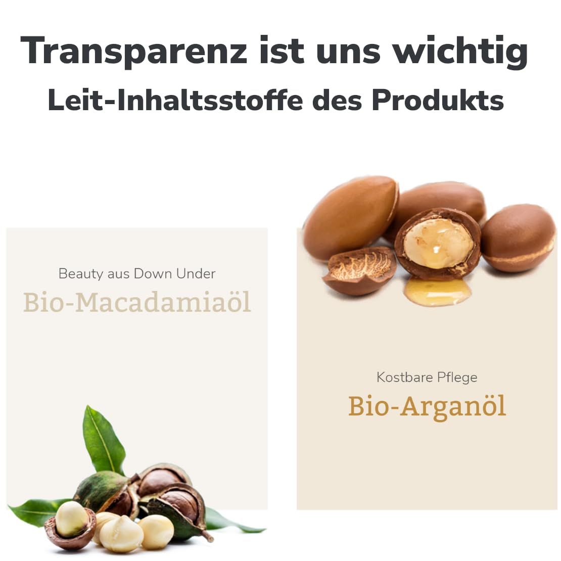Zwei Produktabbildungen. Links: Bio-Macadamiaöl. Rechts: Bio-Arganöl. Text: Transparenz ist uns wichtig, Leit-Inhaltsstoffe des Produkts.
