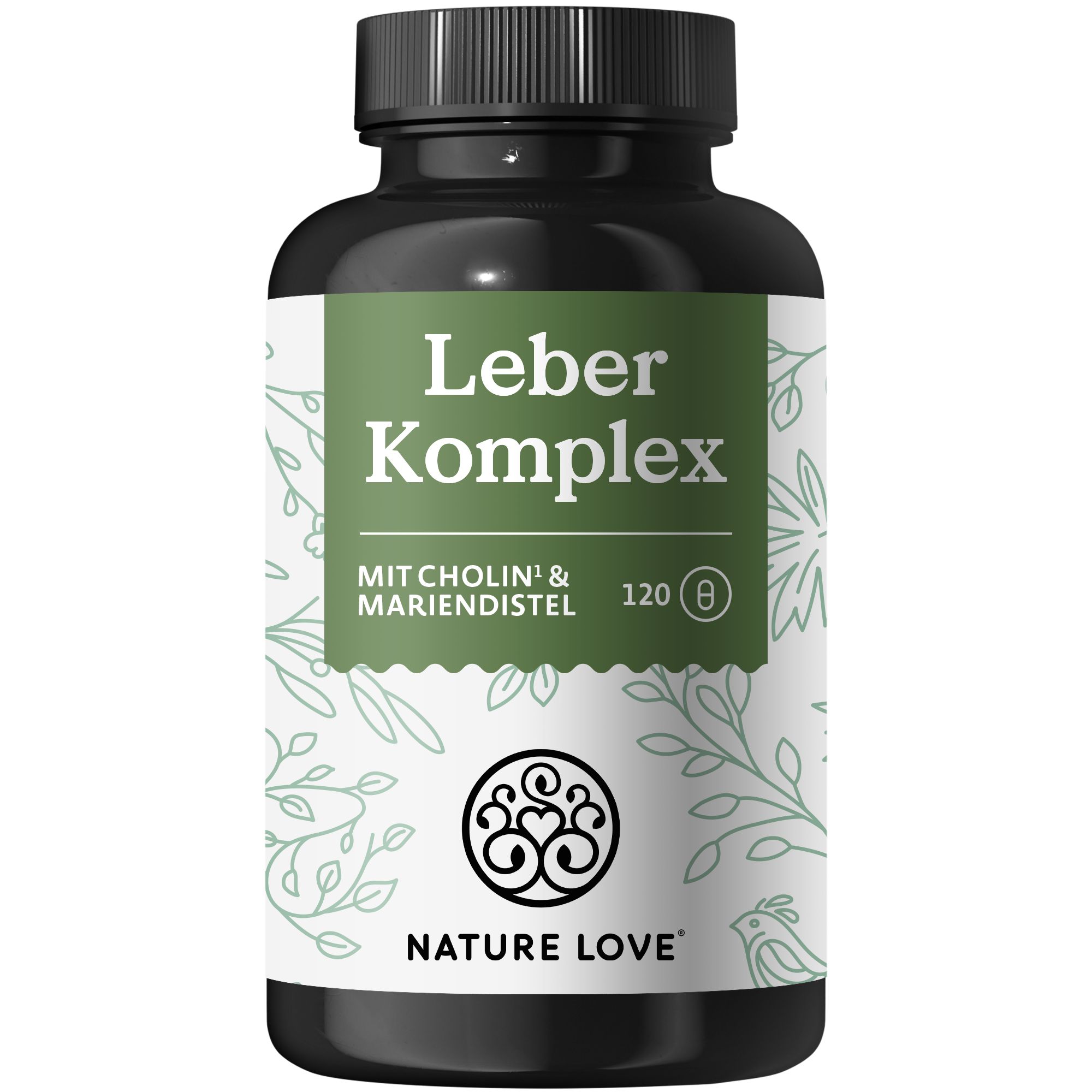Schwarze Flasche mit weißem Etikett. Aufschrift: Leber Komplex, NATURE LOVE®. Mit Cholin & Mariendistel. 120 Kapseln.