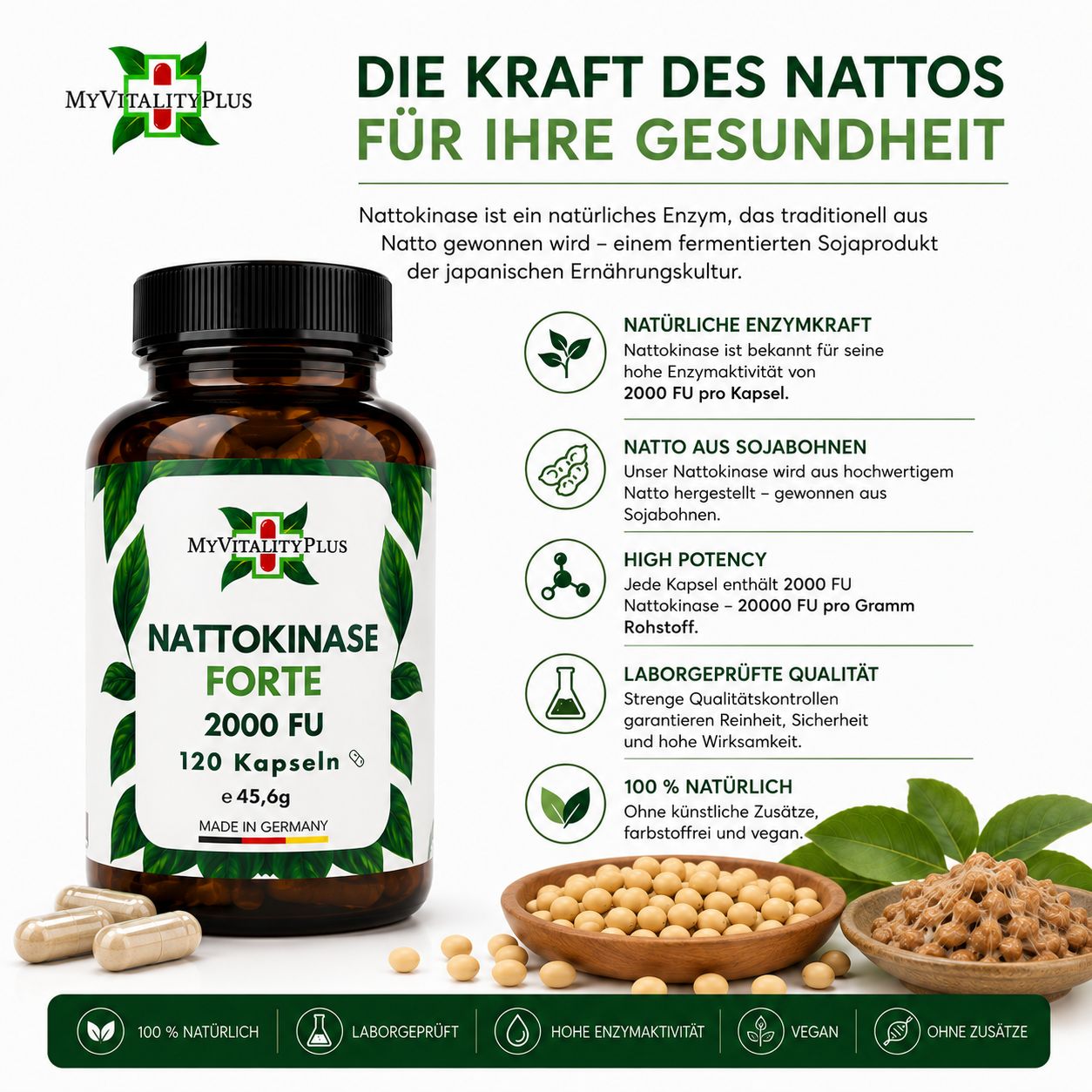Nattokinase Forte 2.000FU pro Kapsel | Hochdosiert | natürliches Natto | Myvitalityplus