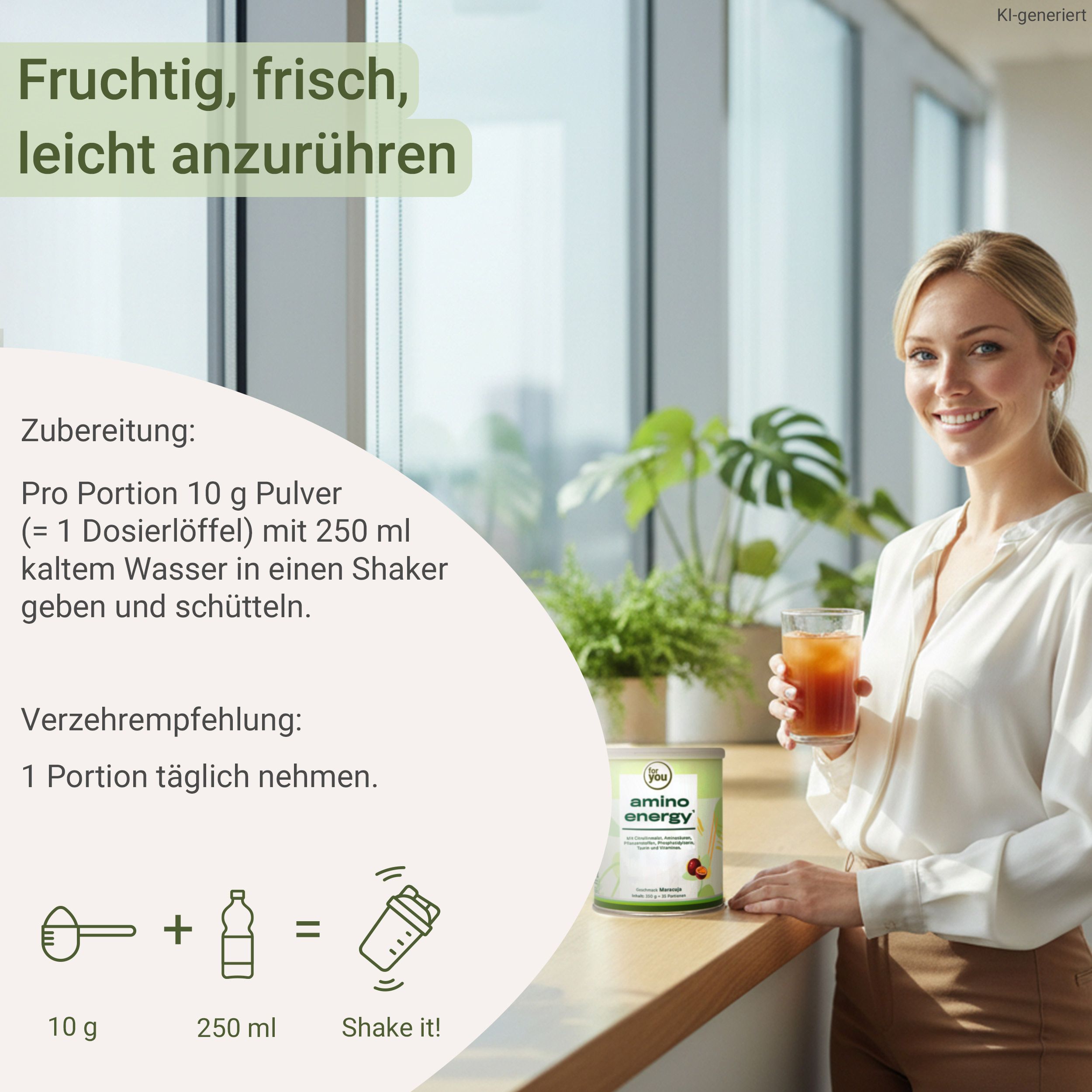 Frau hält ein Glas mit Getränk und steht neben einer Dose "amino energy". Zubereitungshinweise sind sichtbar.