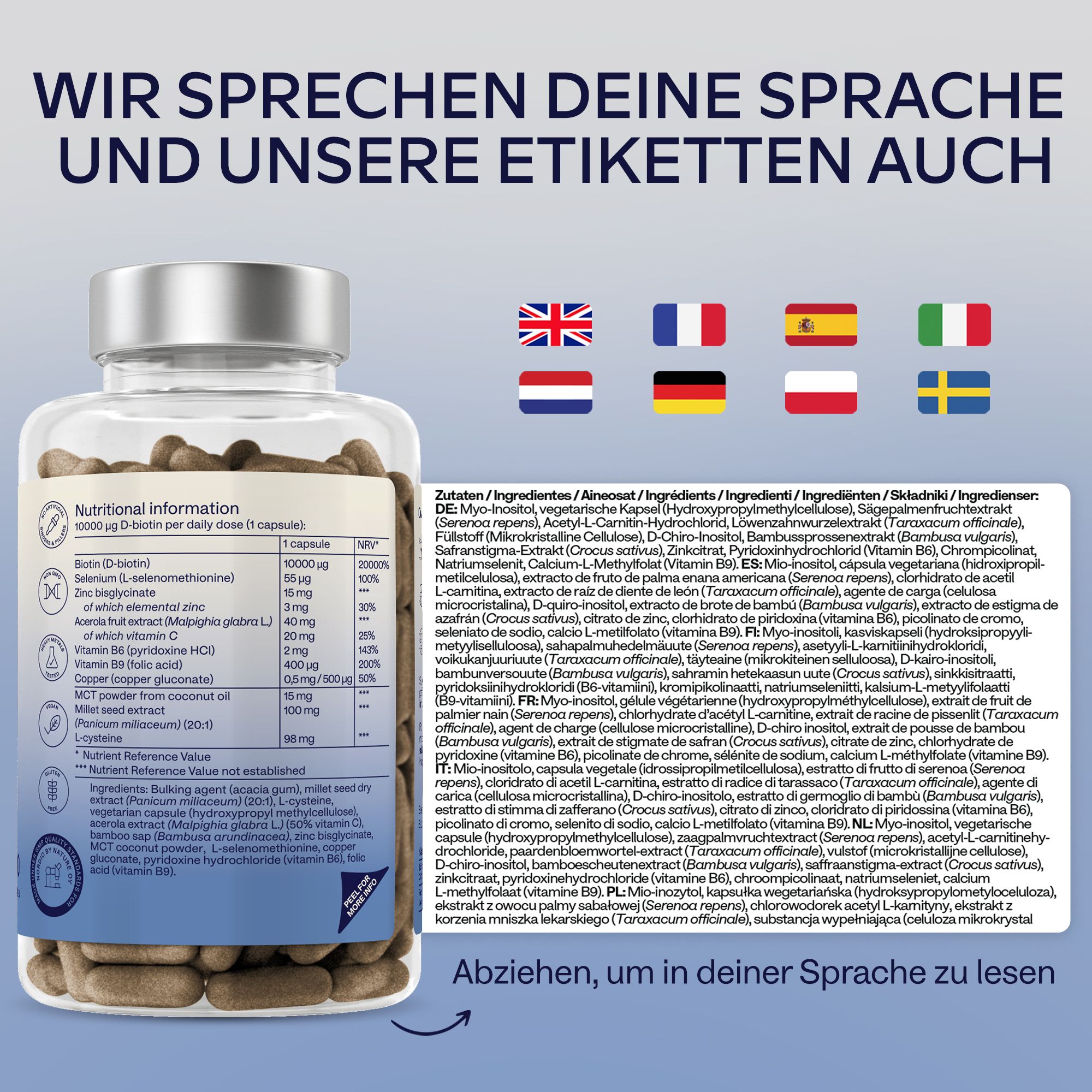 Aavalabs Biotin Komplex Flasche mit Nährwertangaben und mehrsprachigen Zutatenlisten.