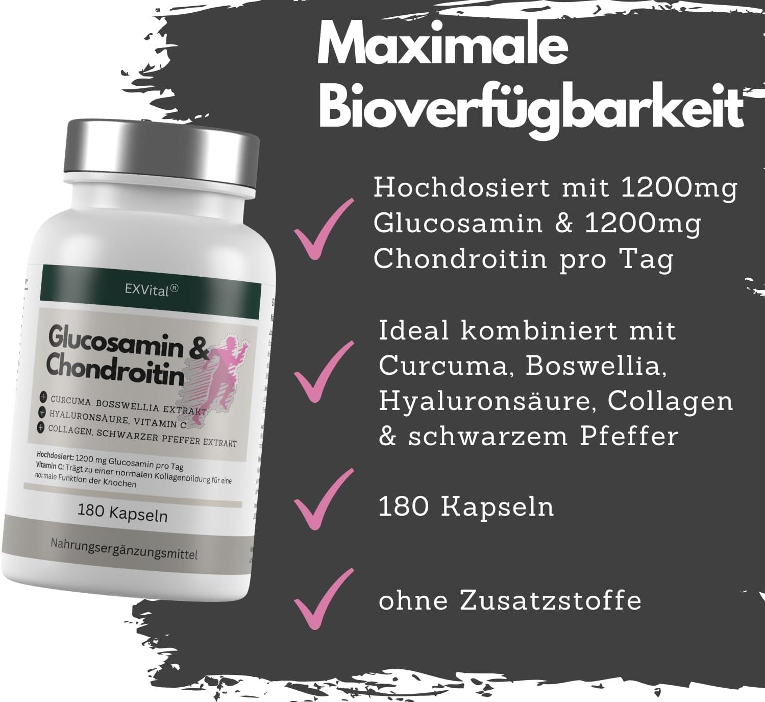 Weiße Flasche EXVital Glucosamin & Chondroitin Kapseln. 180 Kapseln. Text: Maximale Bioverfügbarkeit. Ohne Zusatzstoffe. Mit Curcuma, Boswellia.