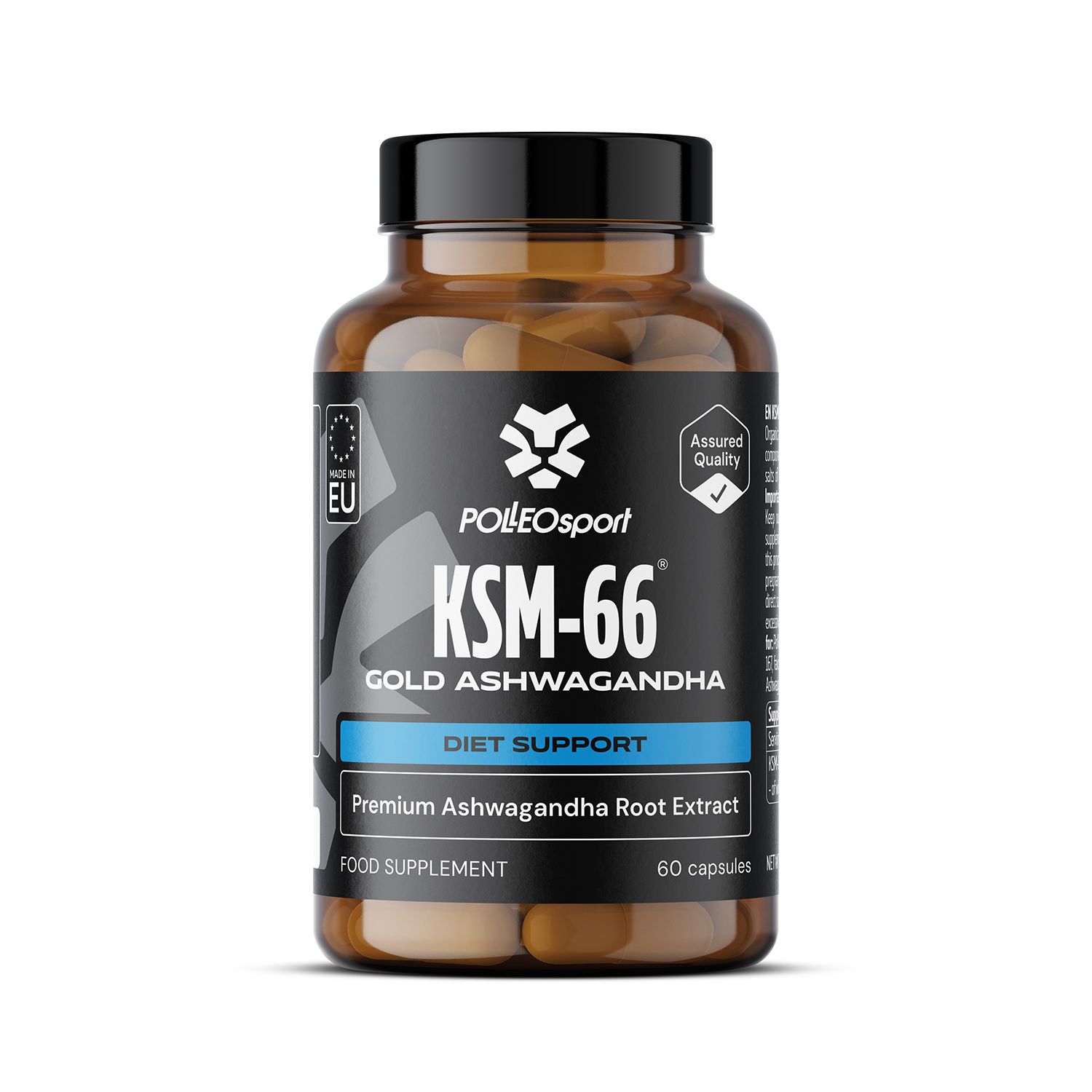 Braune Flasche mit schwarzem Deckel und Etikett. Aufschrift: KSM-66 Gold Ashwagandha, 60 Kapseln. Diätunterstützung. EU-Siegel.