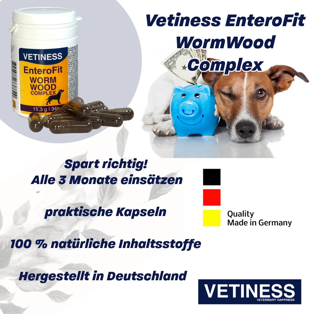 Weiße Dose mit Kapseln, daneben Kapseln. Text: Vetiness EnteroFit WormWood Complex. Sparte richtig! 100% natürliche Inhaltsstoffe. Logo.
