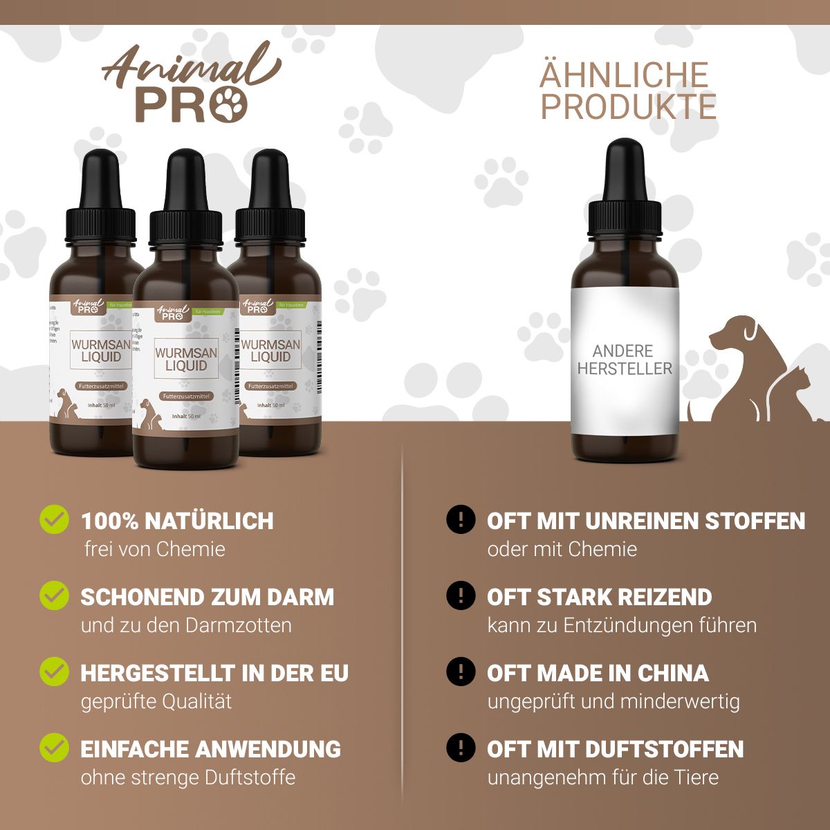 Drei Produktflaschen und Vergleich. Text: 100% natürlich, schonend, hergestellt in der EU. Logo und Name.