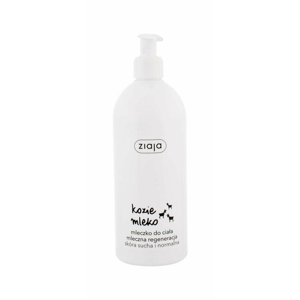 Weiße Flasche mit Pumpe. Aufschrift: Ziaja, Ziegenmilch, Milch für den Körper, für trockene und normale Haut. Ziegen-Illustration.
