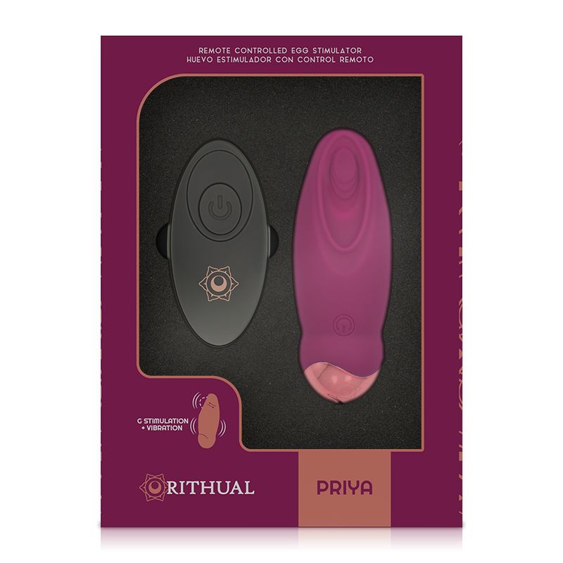 Verpackung mit lila Vibrator und Fernbedienung. Auf der Verpackung steht "Rithual Priya".