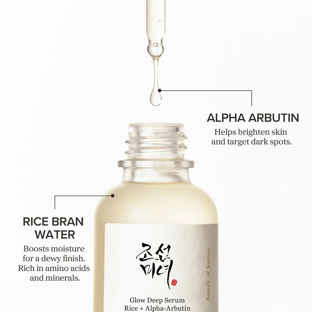 Serumflasche mit Beschriftung: Glow Deep Serum, Rice + Alpha-Arbutin. Marke: Beauty of Joseon. Text: Alpha Arbutin, Rice Bran Water. Mit Tropfen.